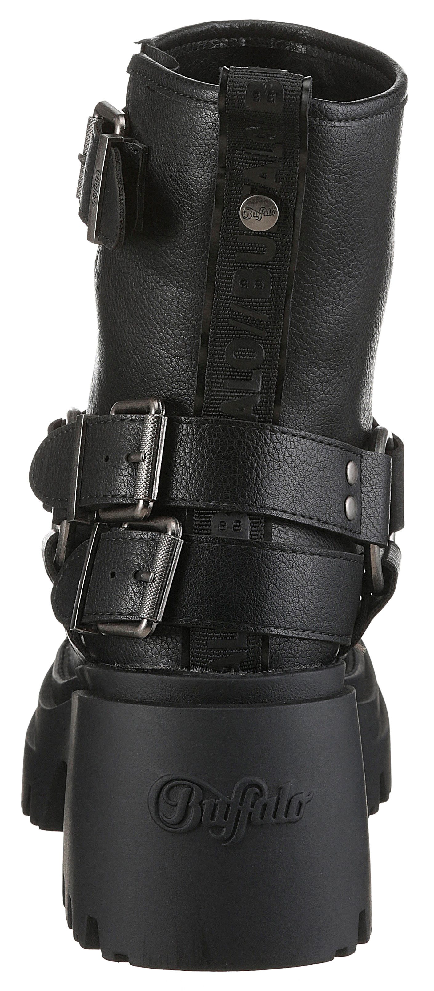 Buffalo Bikerboots BRAVR BIKER LO biker enkellaars, plateaustiefelette, blokhak, met decoratieve gespen