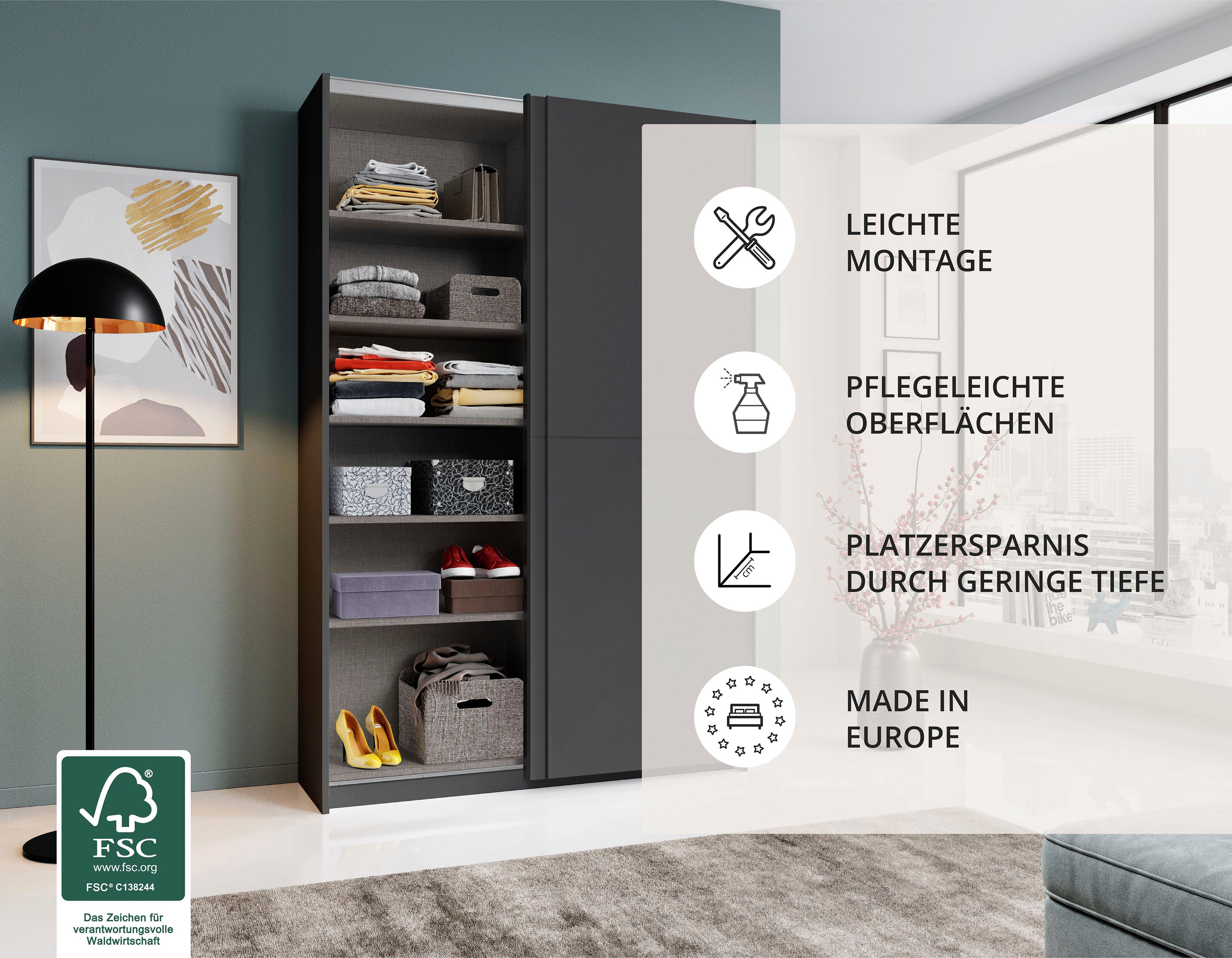 Schlafkontor Schuifdeurkast Heimo/Fast kast kledingkast garderobe OTTO´s CHOICE weinig diepte, uitschuifbare kledingstang, garderobekast, 6 planken