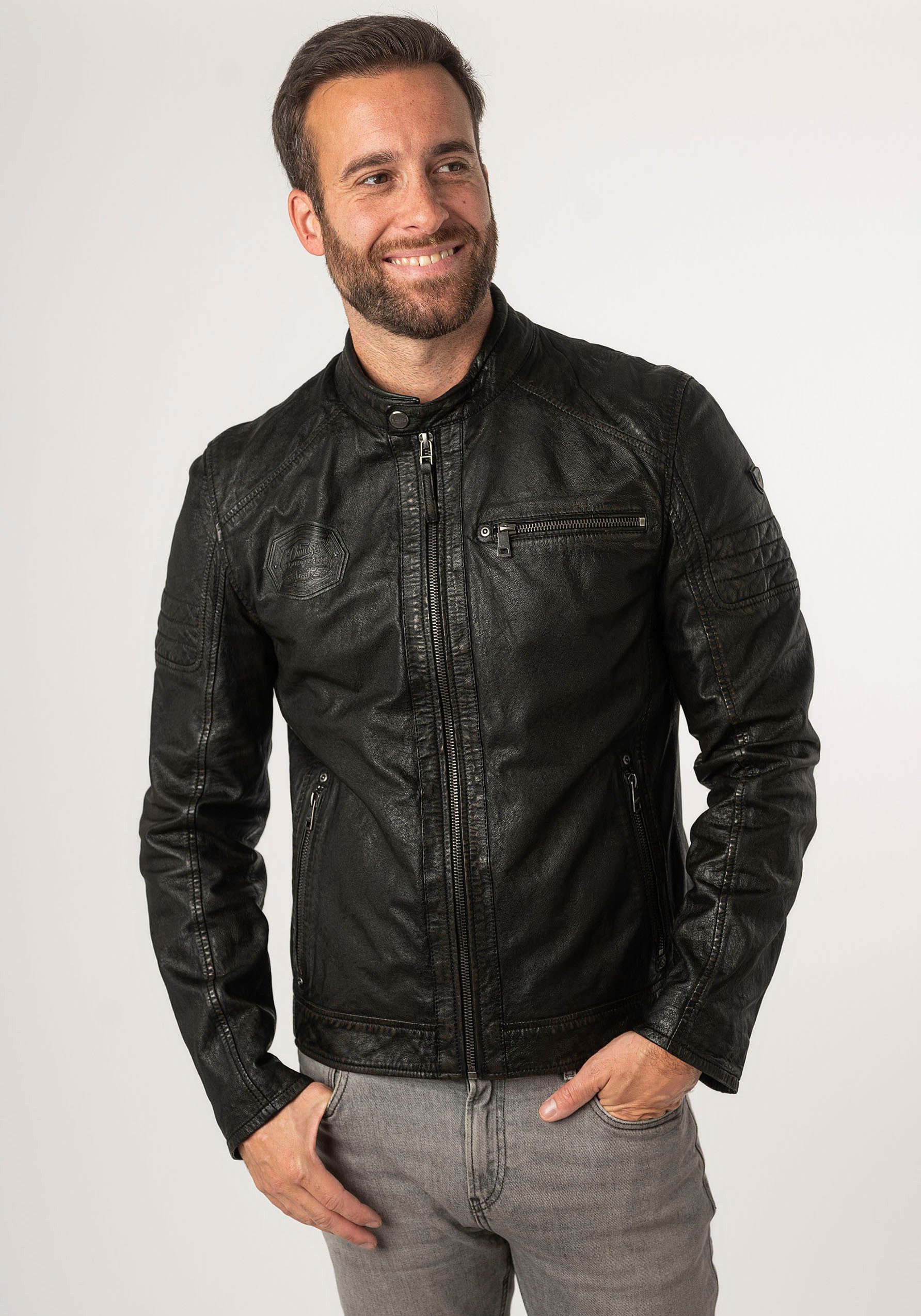 Mauritius Leren jack MMJenno met jersey capuchon, rits, sierstiksels