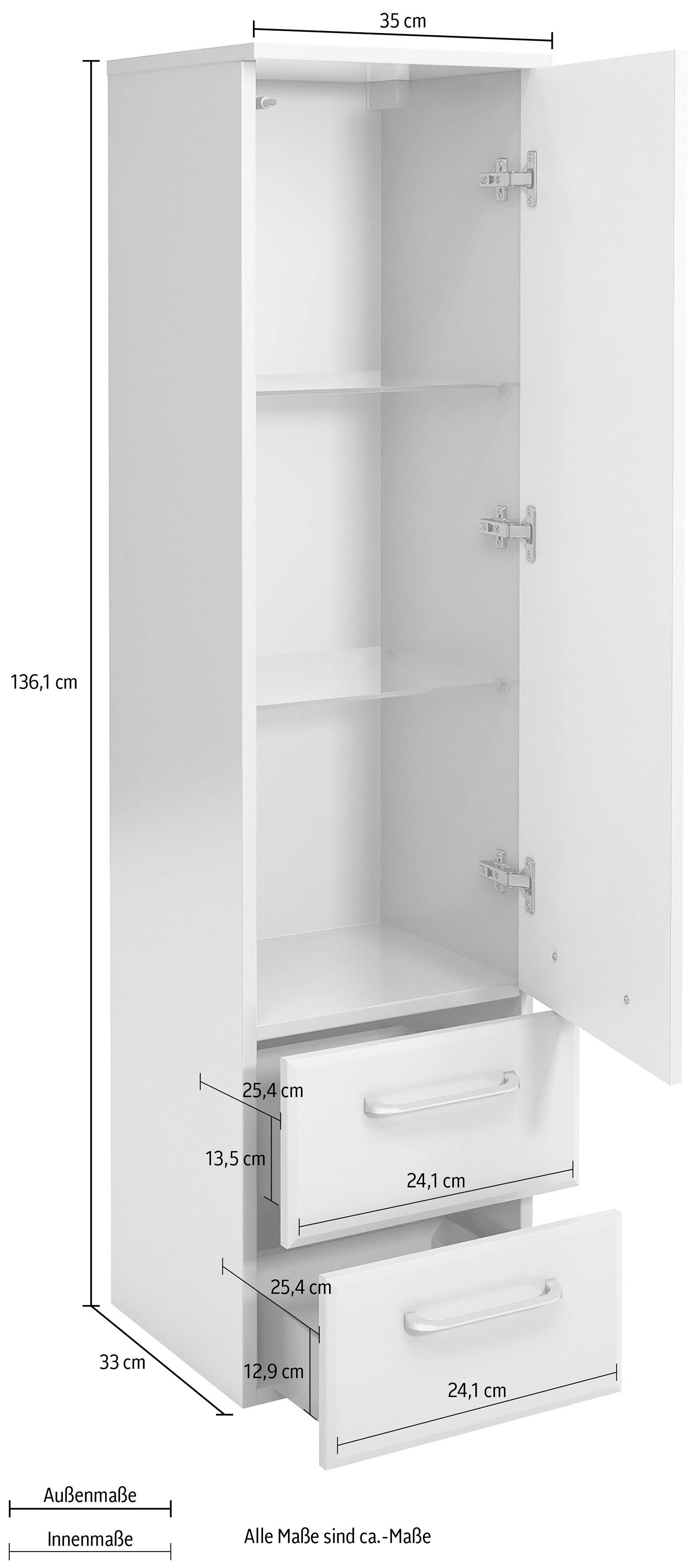 Saphir Halfhoge kast Quickset badkamermeubel 35 cm breed, 1 deur, 2 laden, 2 planken Badkamer-halfhoge kast inclusief deurdemper, grepen in glanzend chroom