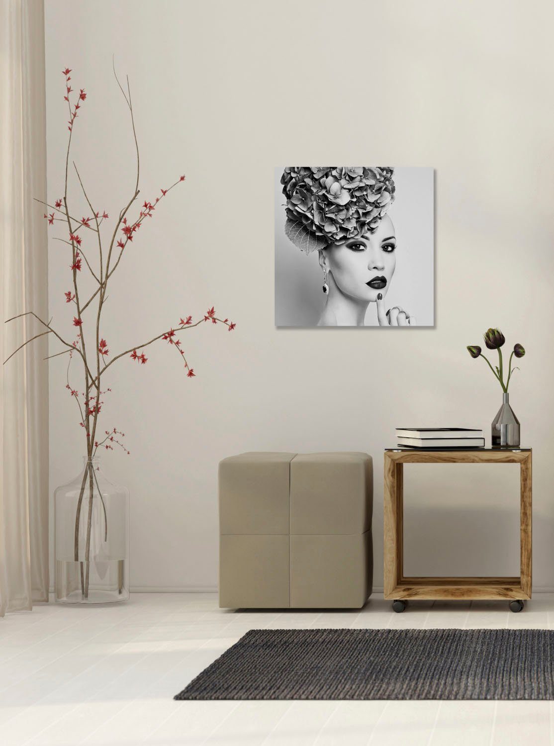 queence Artprint op acrylglas Vrouw met bloemenhoed Fine Art-print in galeriekwaliteit