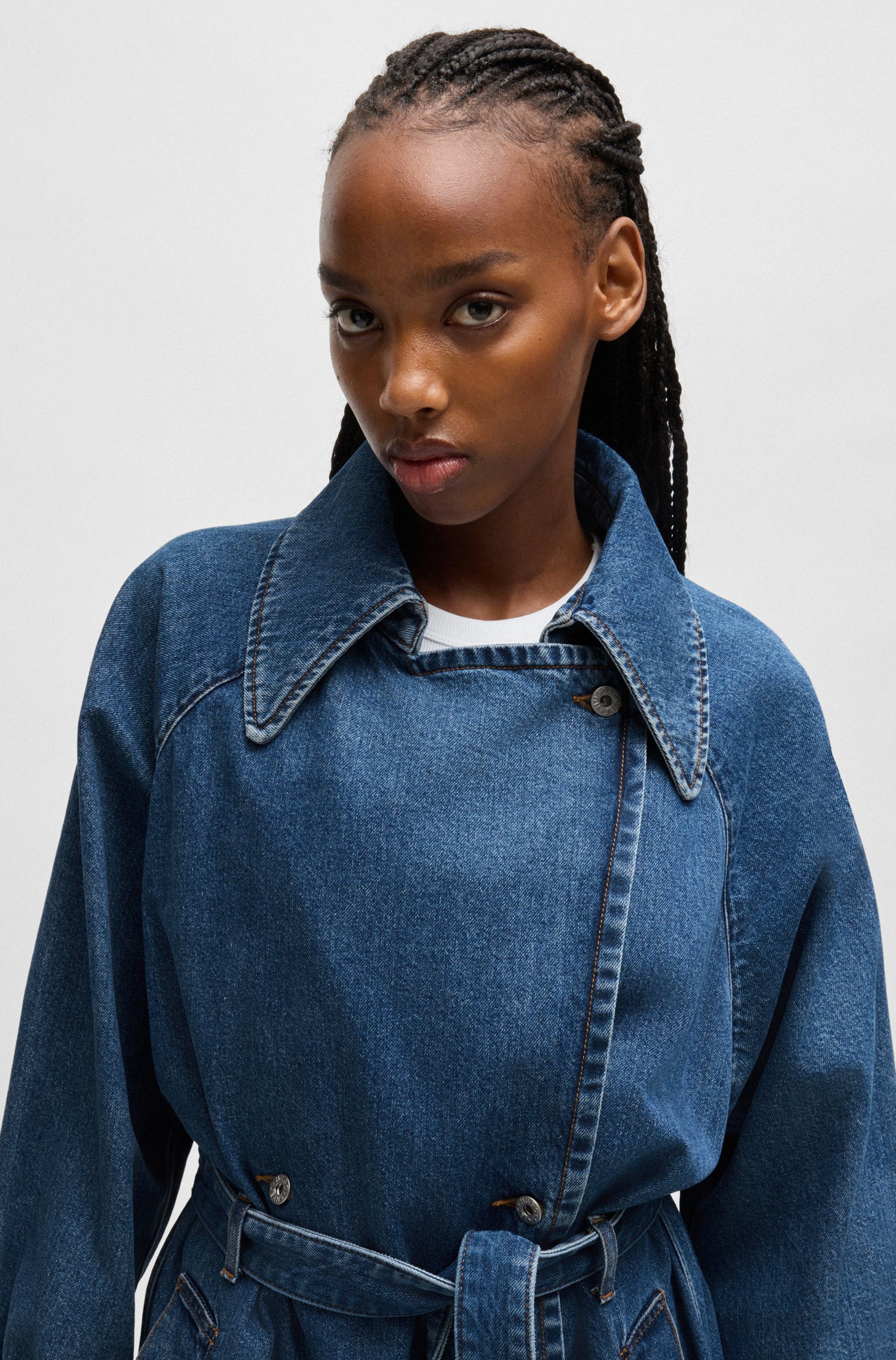 HUGO Blue Trenchcoat Garena met tailleband, all-over denim fashion piece jeans trenchcoat
