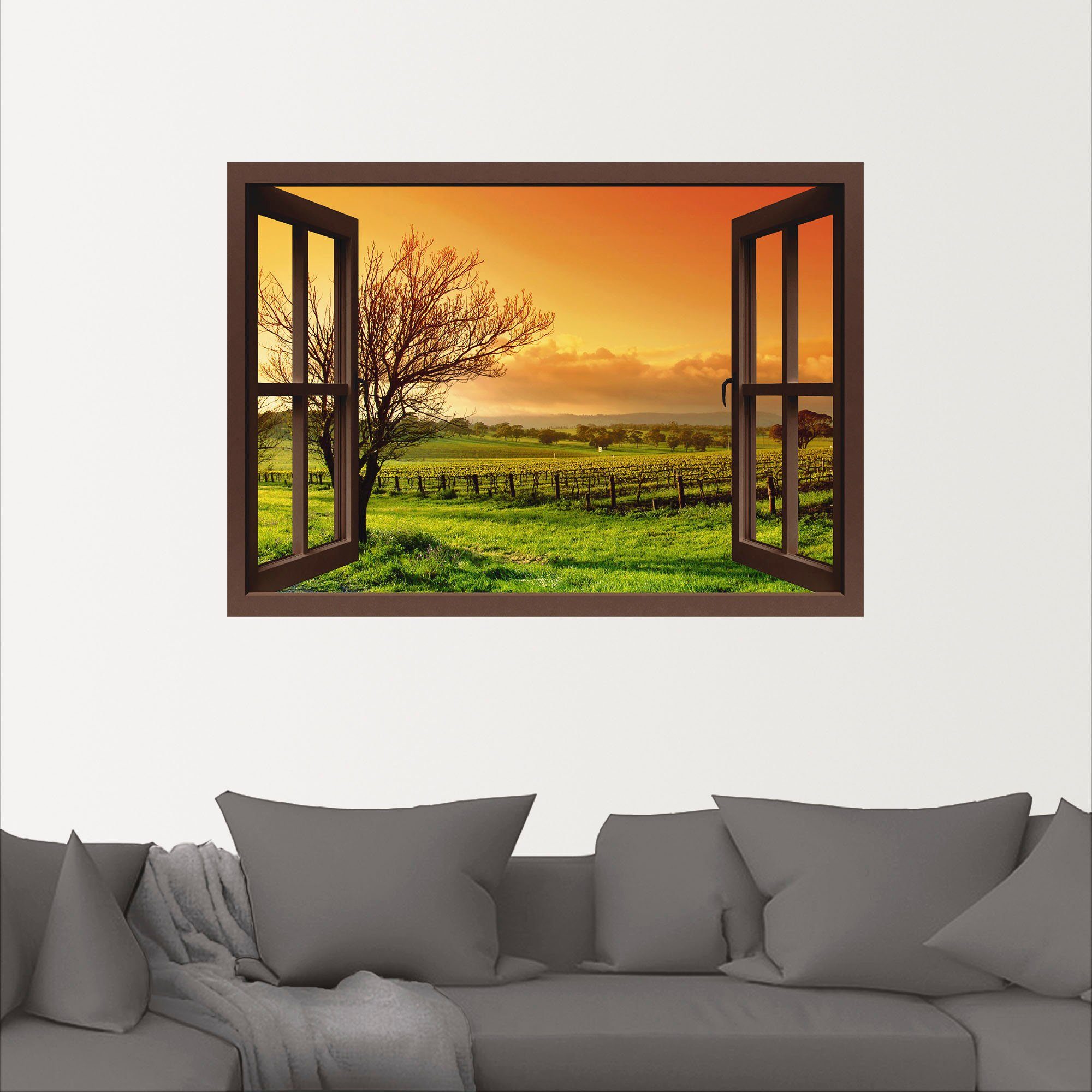 Artland Artprint Blik uit het venster - landschap met wijnbergen als artprint op linnen, muursticker in verschillende maten
