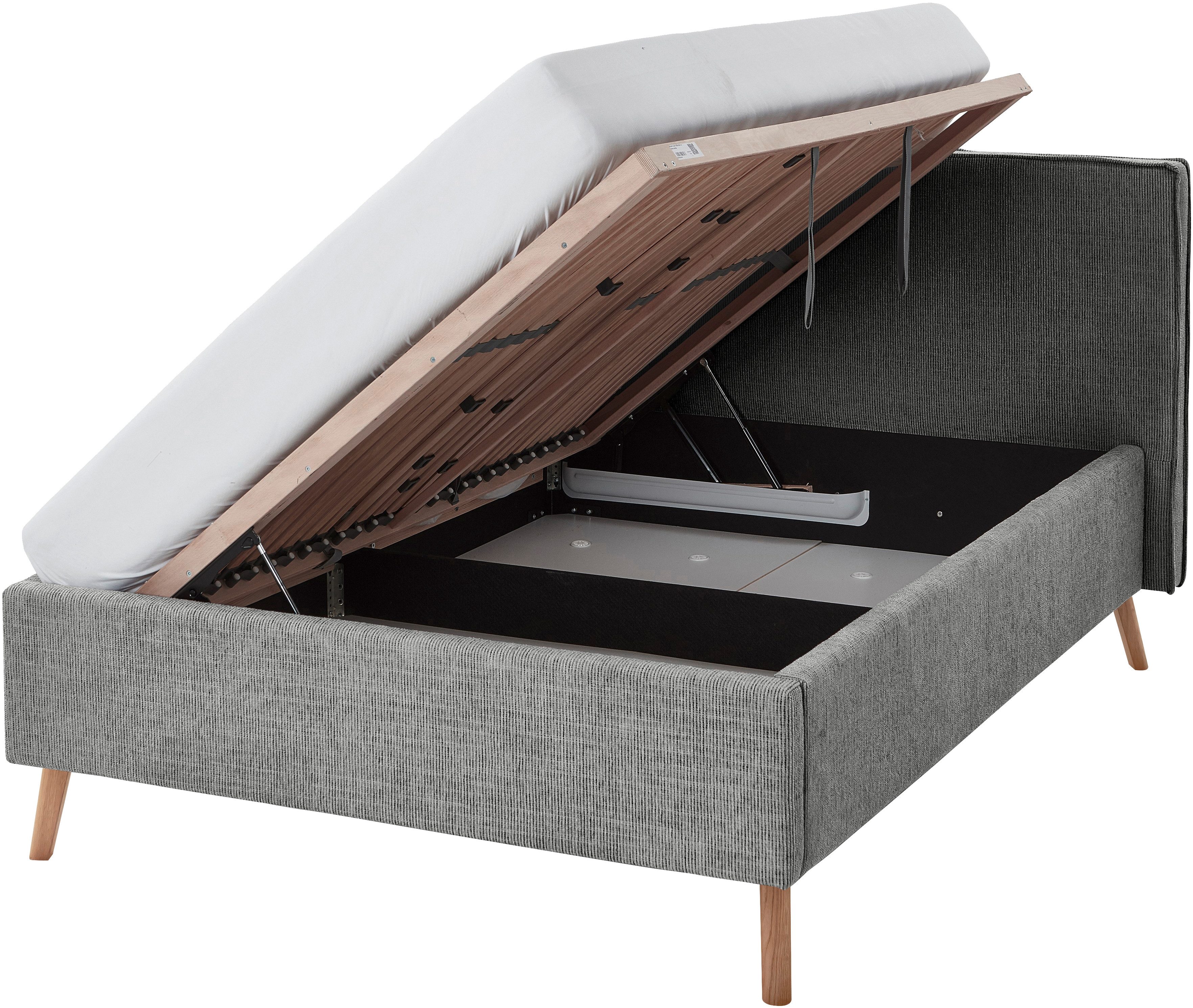 meise.möbel Gestoffeerd bed Riva met eikenkleurige houten poten, naar keuze met bedkist en lattenbodem