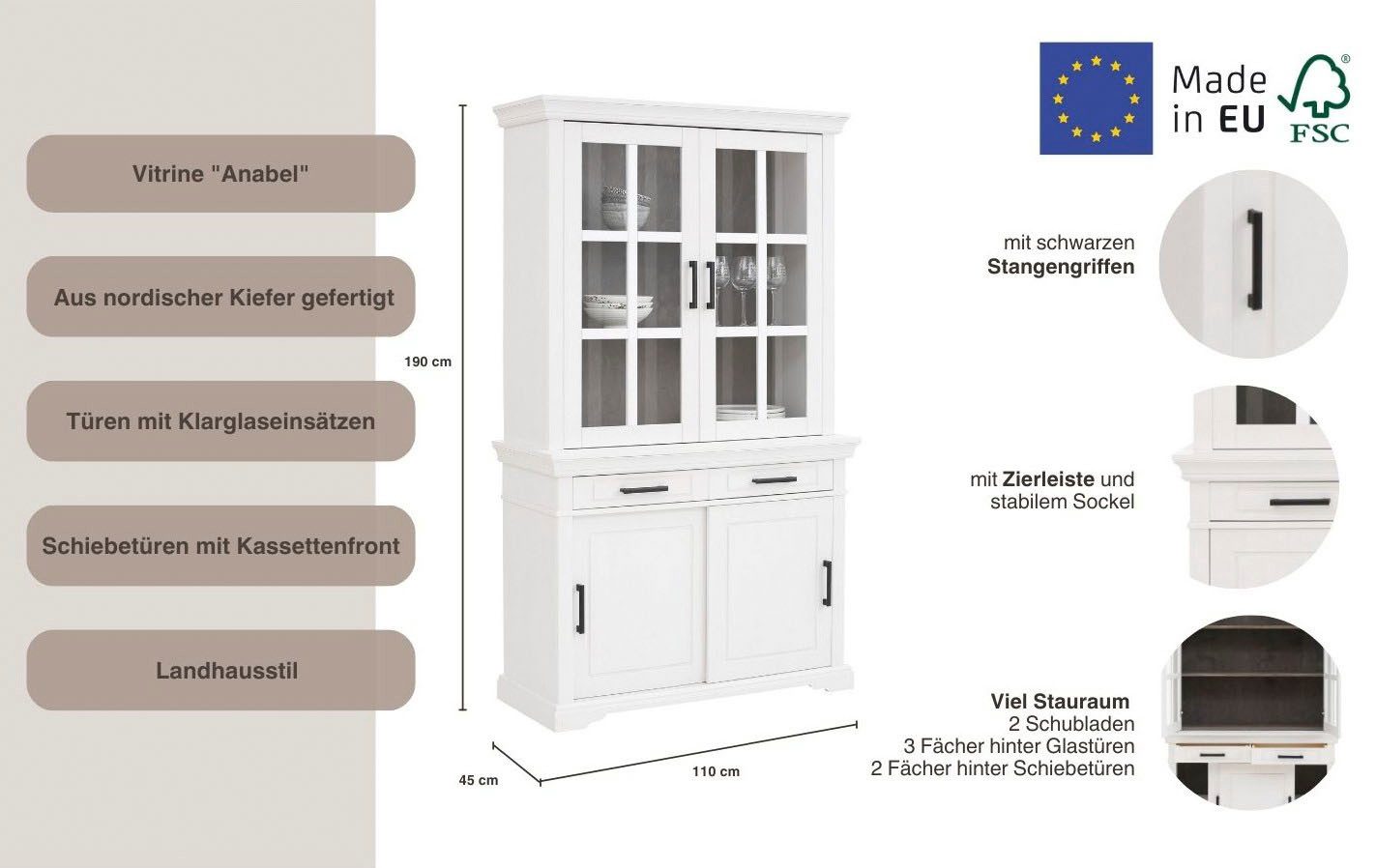 Home affaire Vitrinekast Anabel van massief grenen, breedte 110 cm