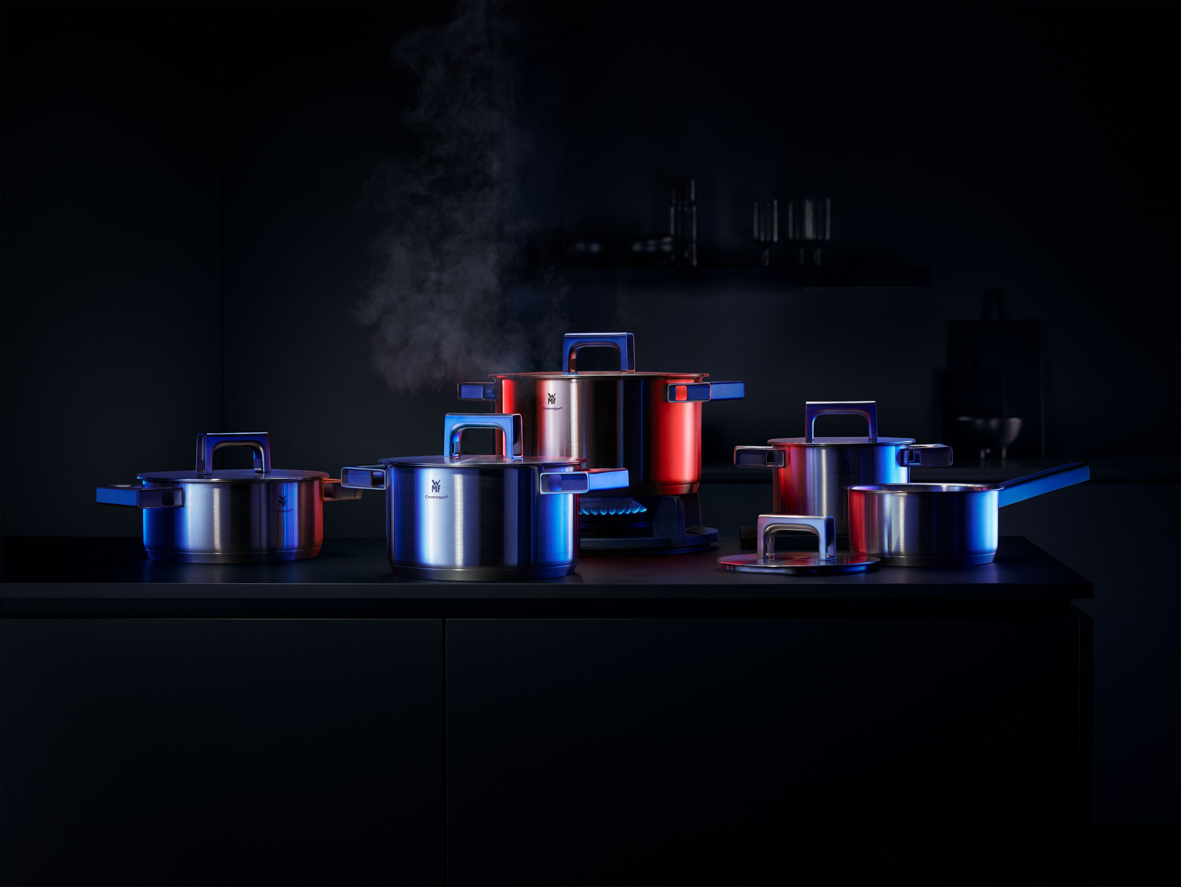 WMF Pannenset Ultimate Cool+ 9-delig, warmte reducerende cool+ handvaten, transtherm-allherdbodem (set, 9-delig)