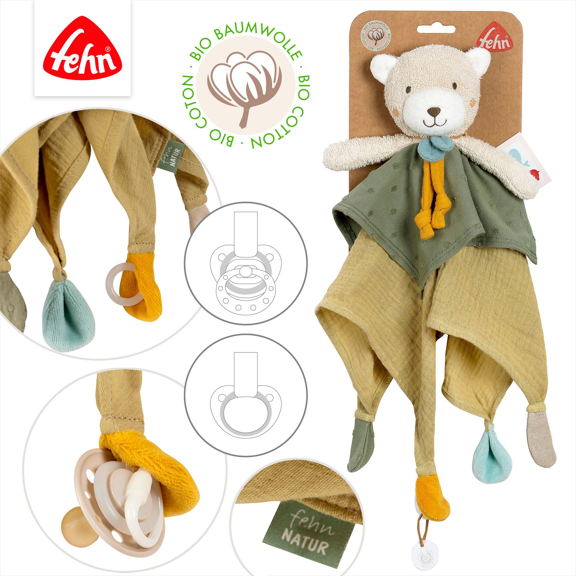 Fehn Knuffeldoek FehnNATUR, beer met bevestigingsring voor speen