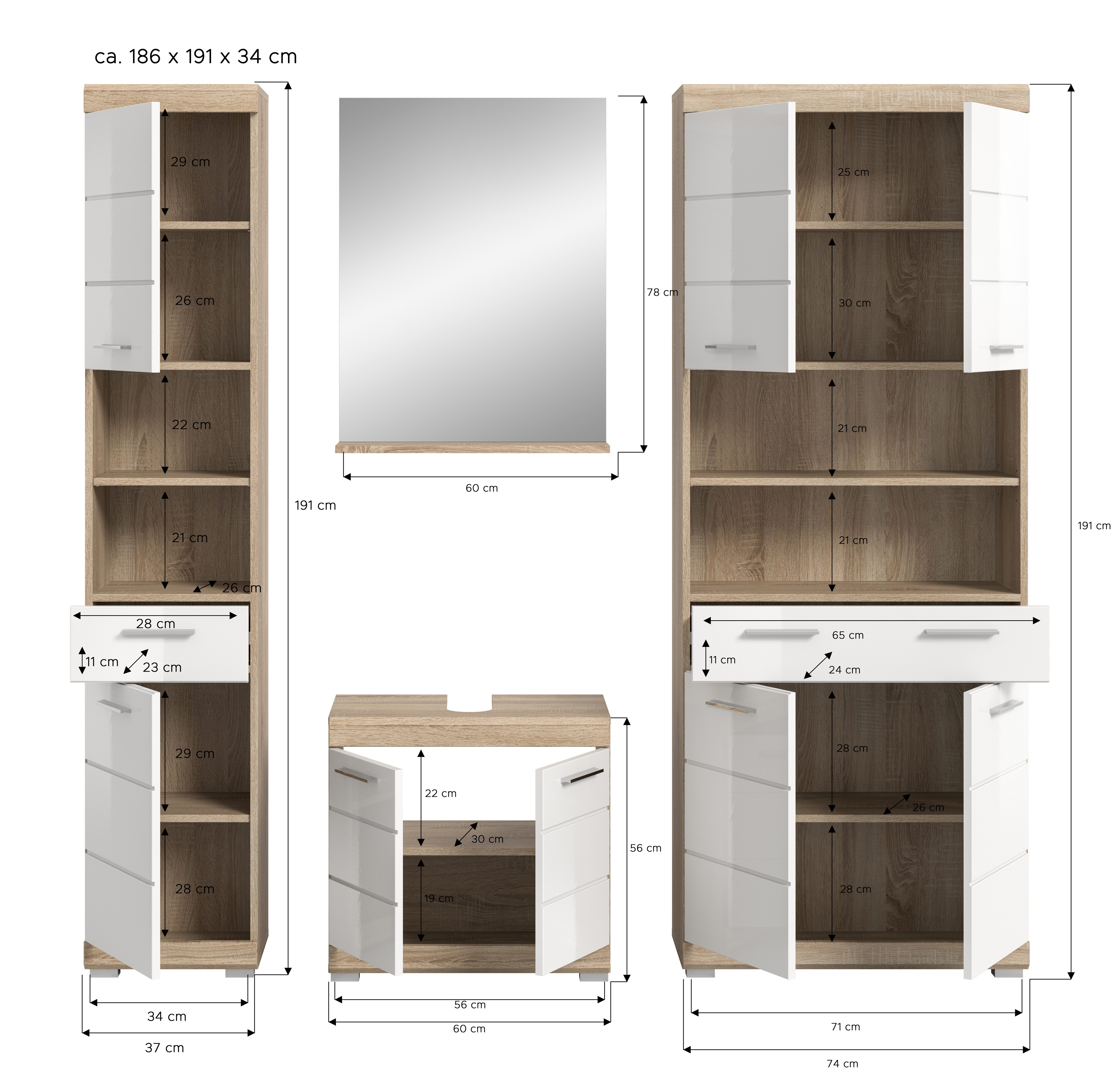 INOSIGN Badkamerserie Siena, 4-delig, bestaande uit: Hoge kast, wastafelonderkast, badkamer spiegel, brede hoge kast (set, 4-delig)