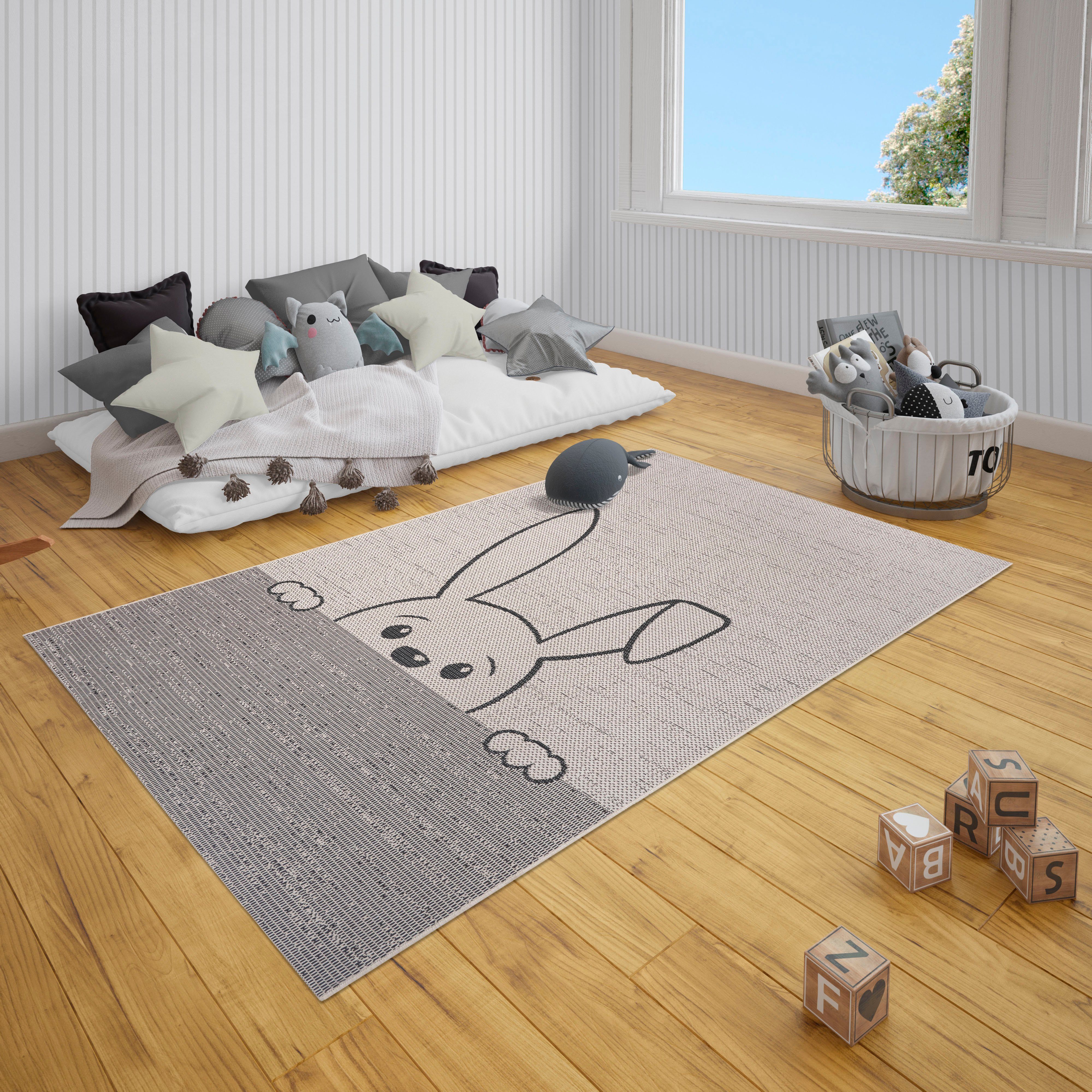 Lüttenhütt Kindervloerkleed Haas Diermotief, platweefsel, robuuste & gemakkelijk te onderhouden vloerkleed