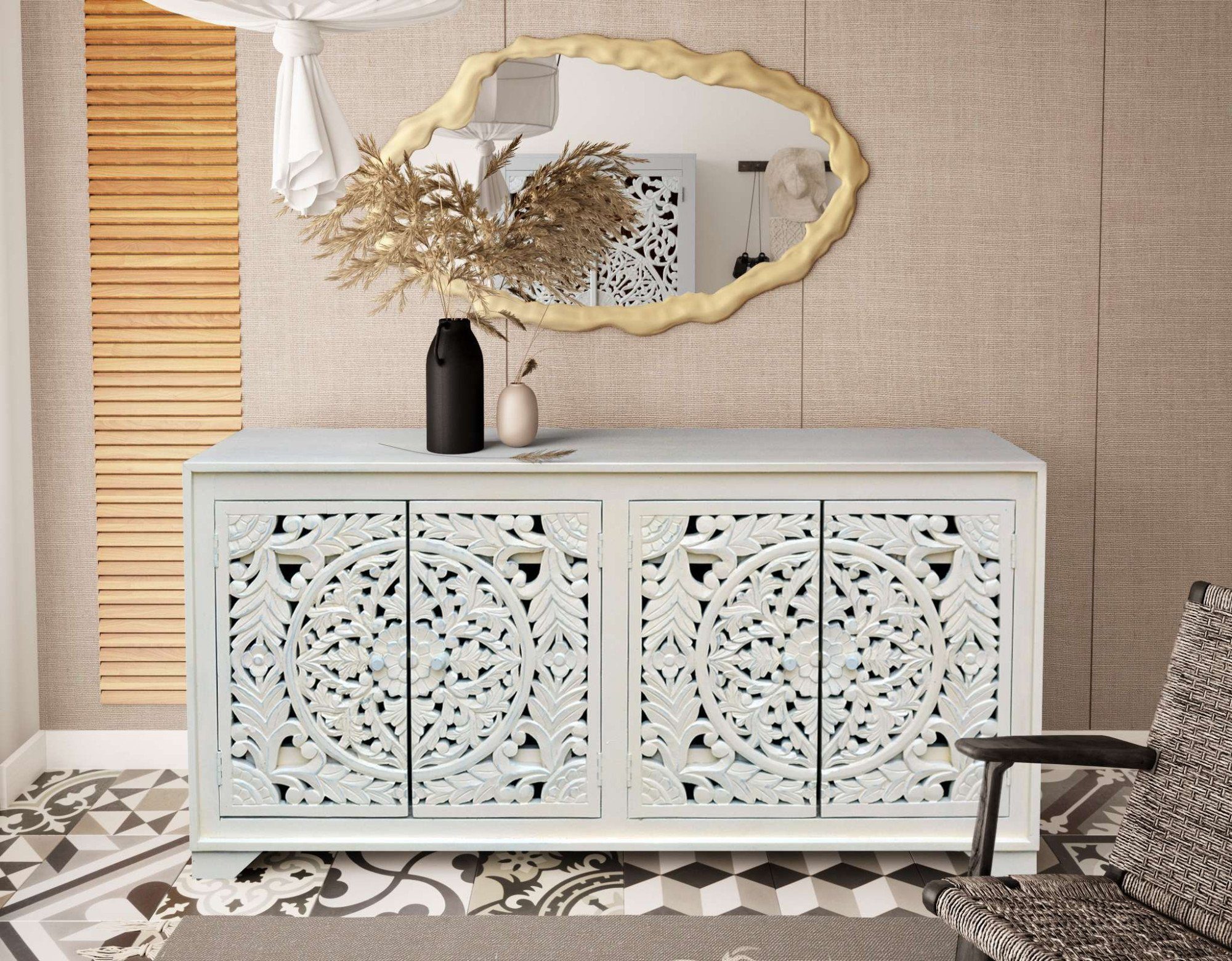 Home affaire Dressoir Kenmare Commode van mangohout, decoratieve snijwerk, breedte 170 cm
