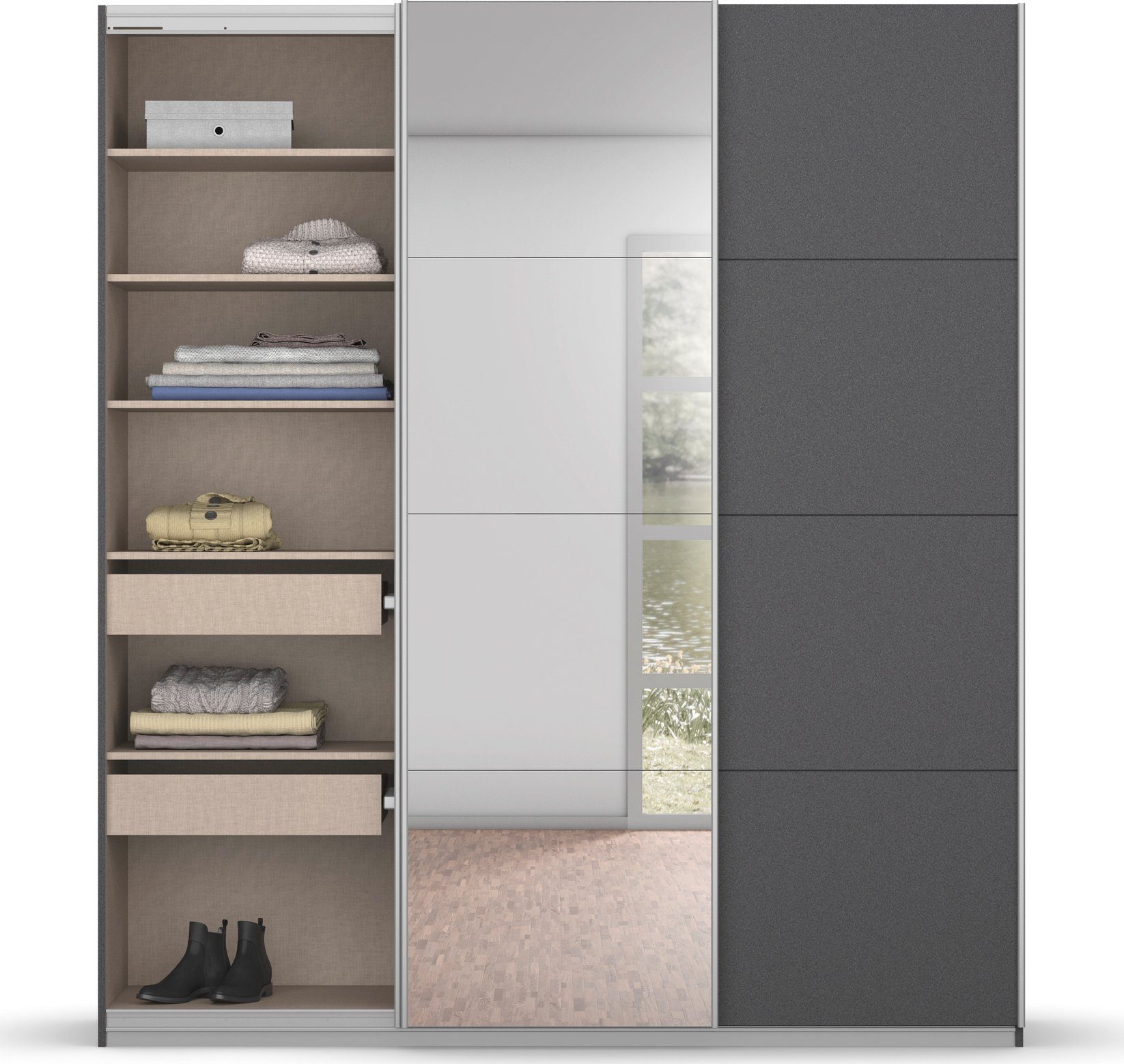 rauch Zweefdeurkast Kledingkast kast garderobe BESTSELLER KOLUNA met spiegel inclusief 2 binnenladen en extra legplanken made in germany