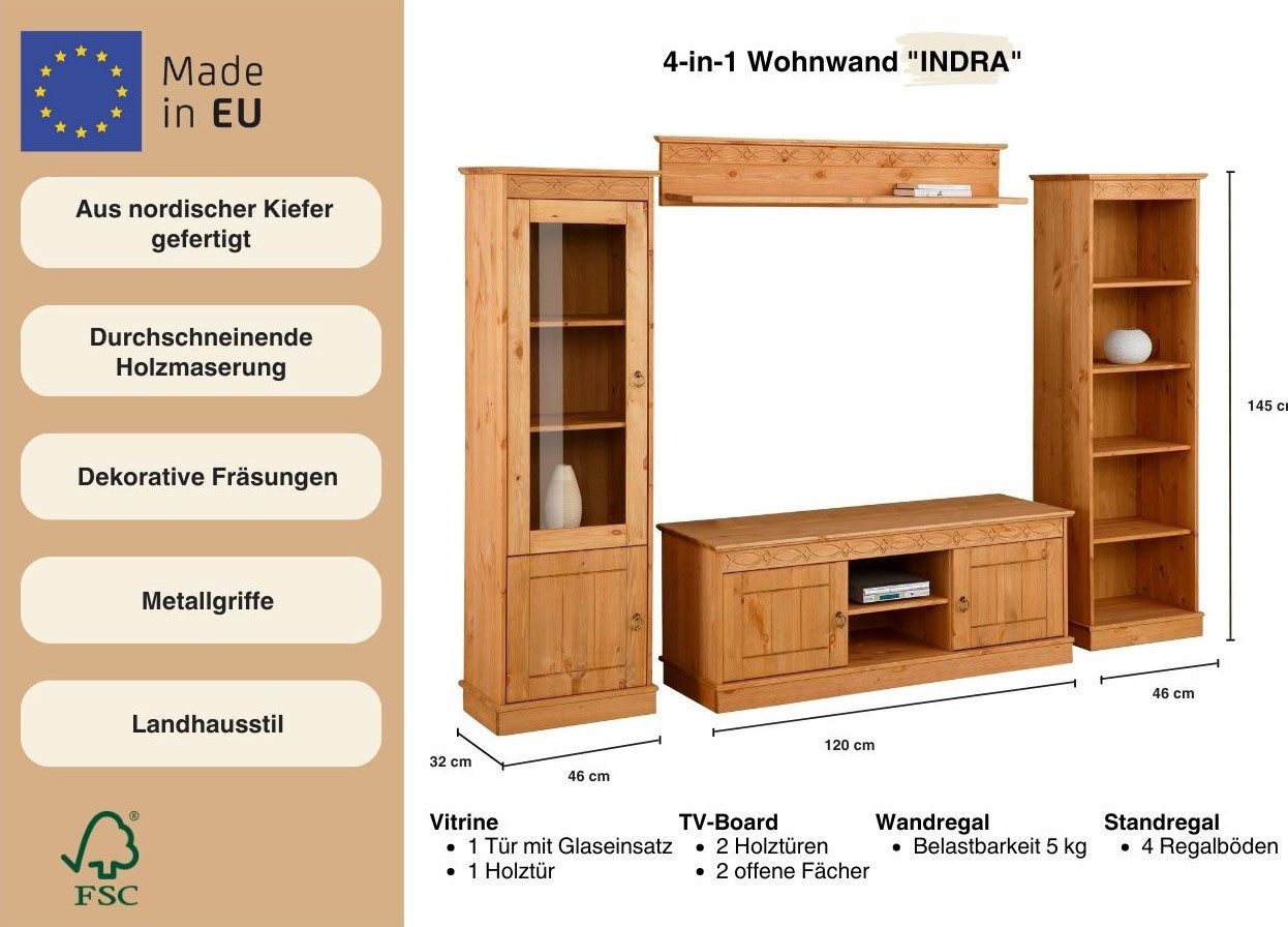 Home affaire Wandmeubel Indra 4-delig set: vitrinekast, lowboard, wand- & staande plank, massief dennenhout (set, 4-delig)