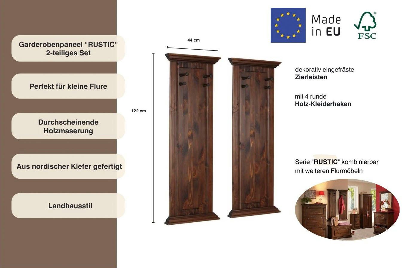 Home affaire Kapstokpaneel Rustiek (2 stuks), gemaakt van massief grenen, met decoratief freeswerk