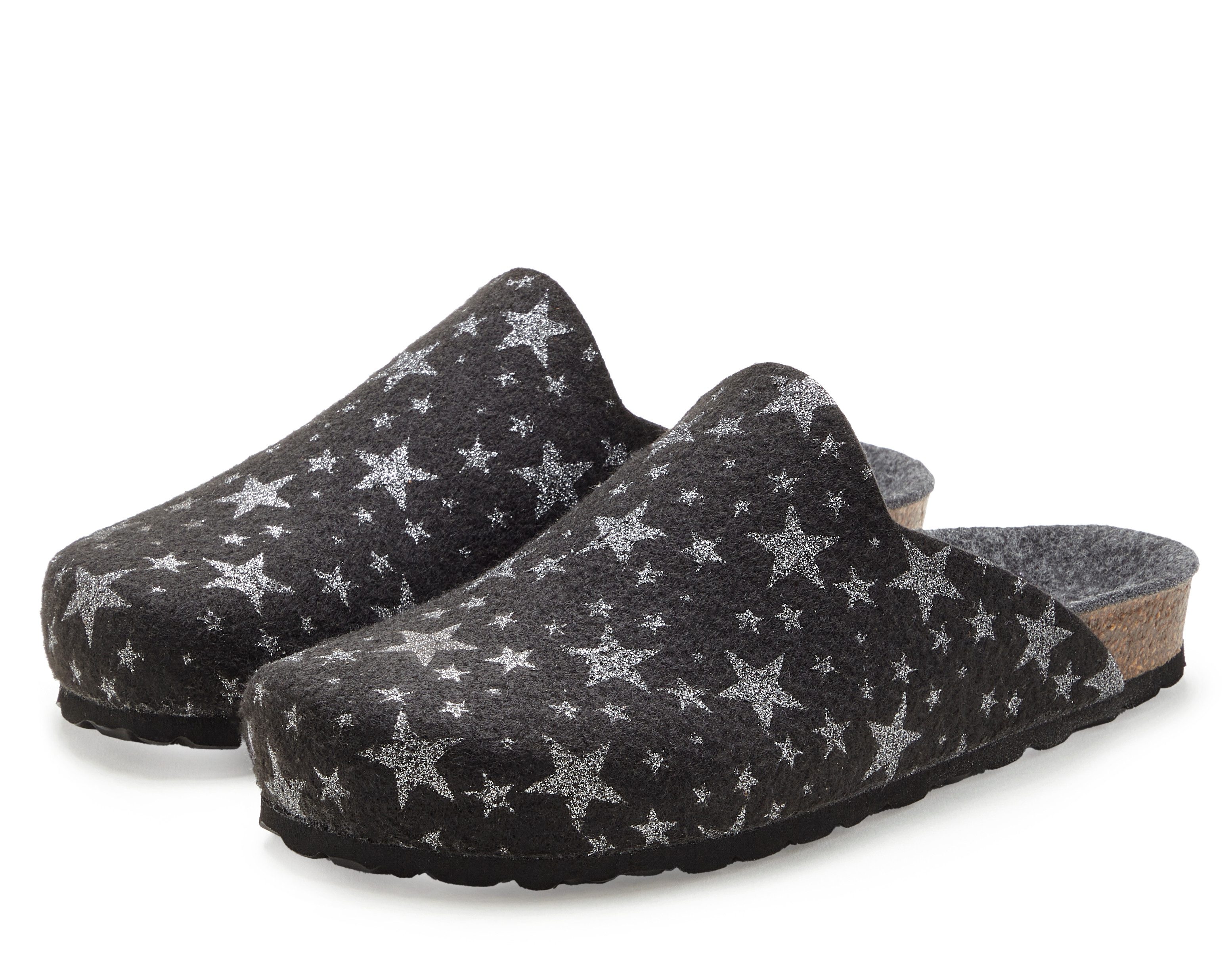 Vivance Slippers Pantoffel, klomp, pantoffel, van vilt met verwarmend kurken voetbed & sterrenprint dames sandaaltjes maat 41 EU zwart