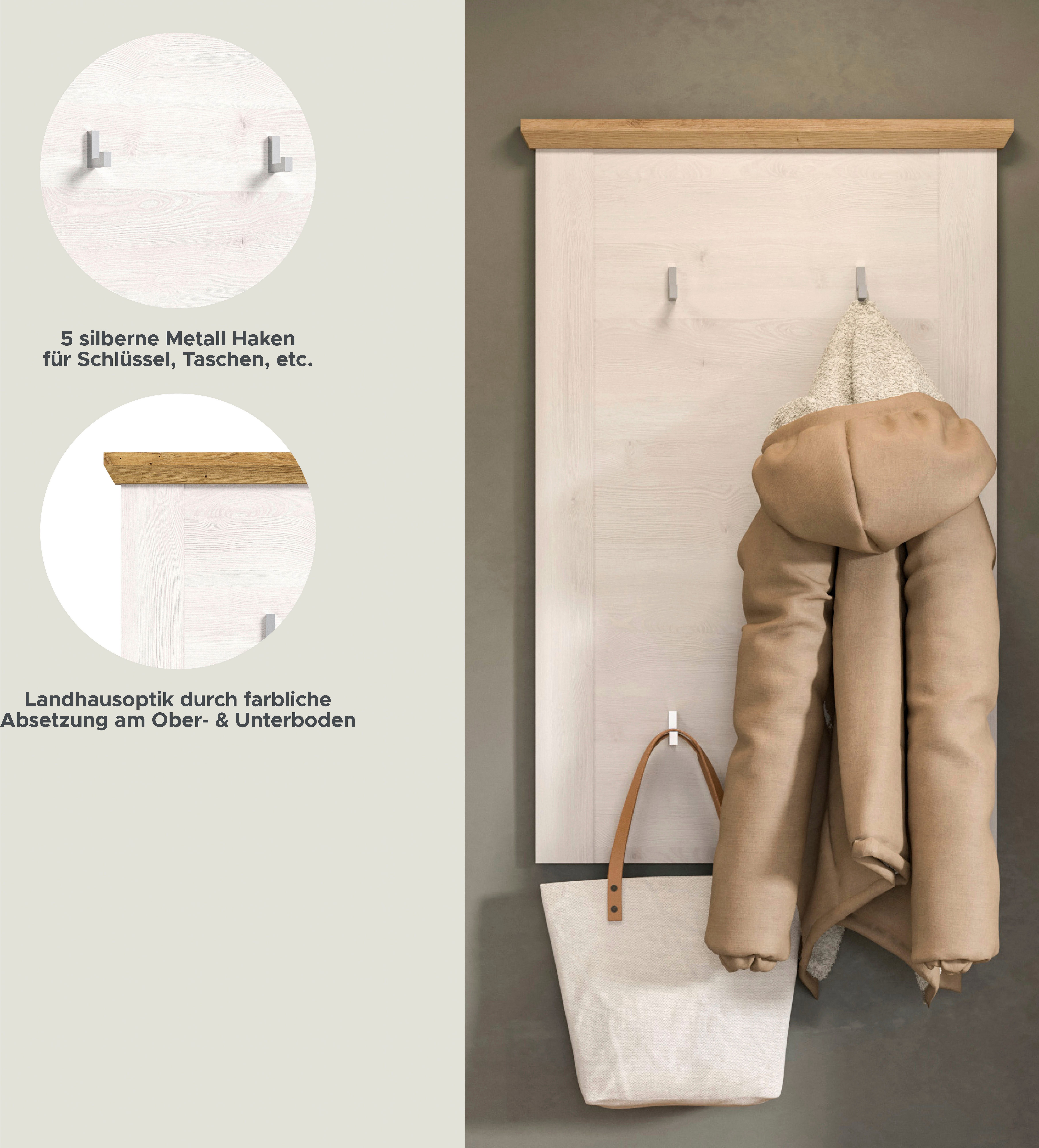 Home affaire Kapstokpaneel COSENZA, TOPSELLER!, Höhe 103 cm, 5 Garderobenhaken, 2-farbig in landelijke stijl, wandpaneel, paneel, wandhaak