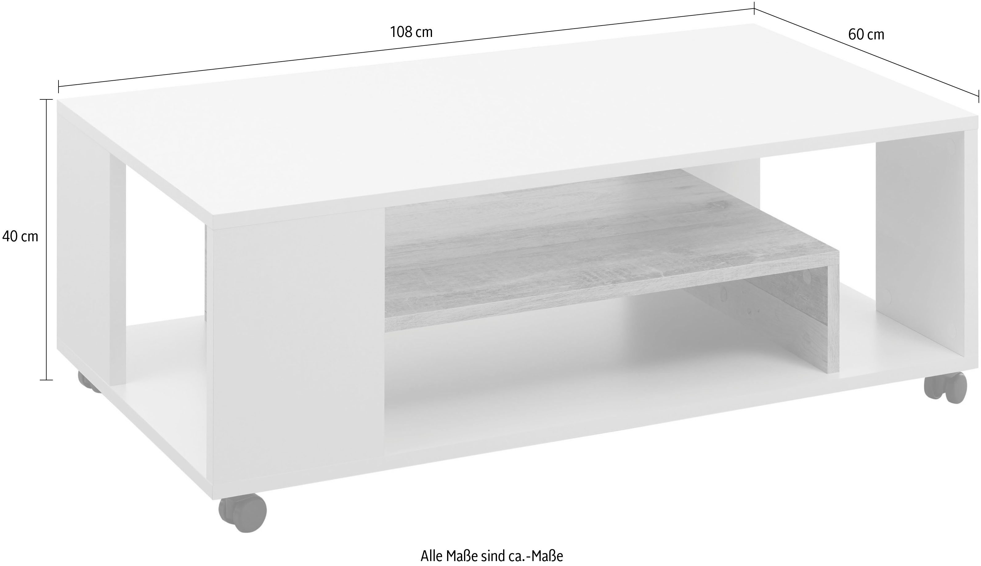 Stolkom Salontafel Bologna rollend, salontafel in wit met plank