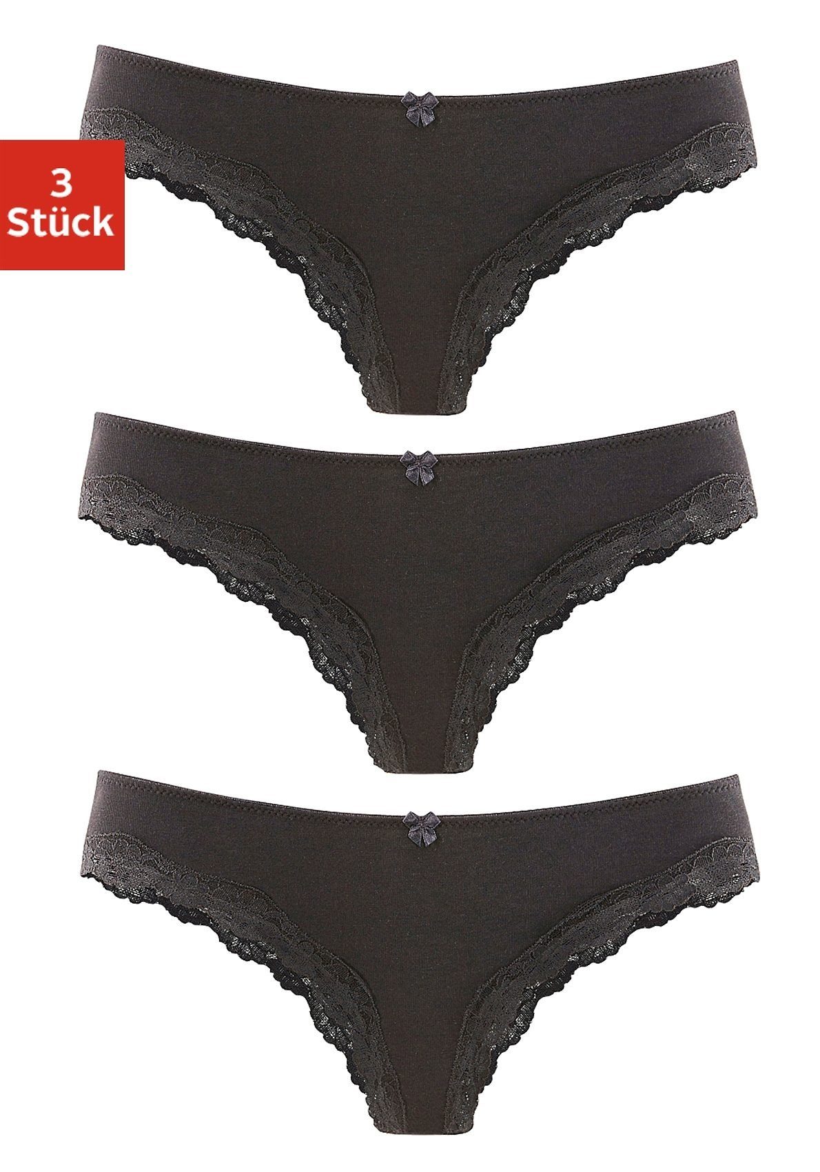 Lascana Brazilian slip van elastische katoen met delicate kant (3 stuks)
