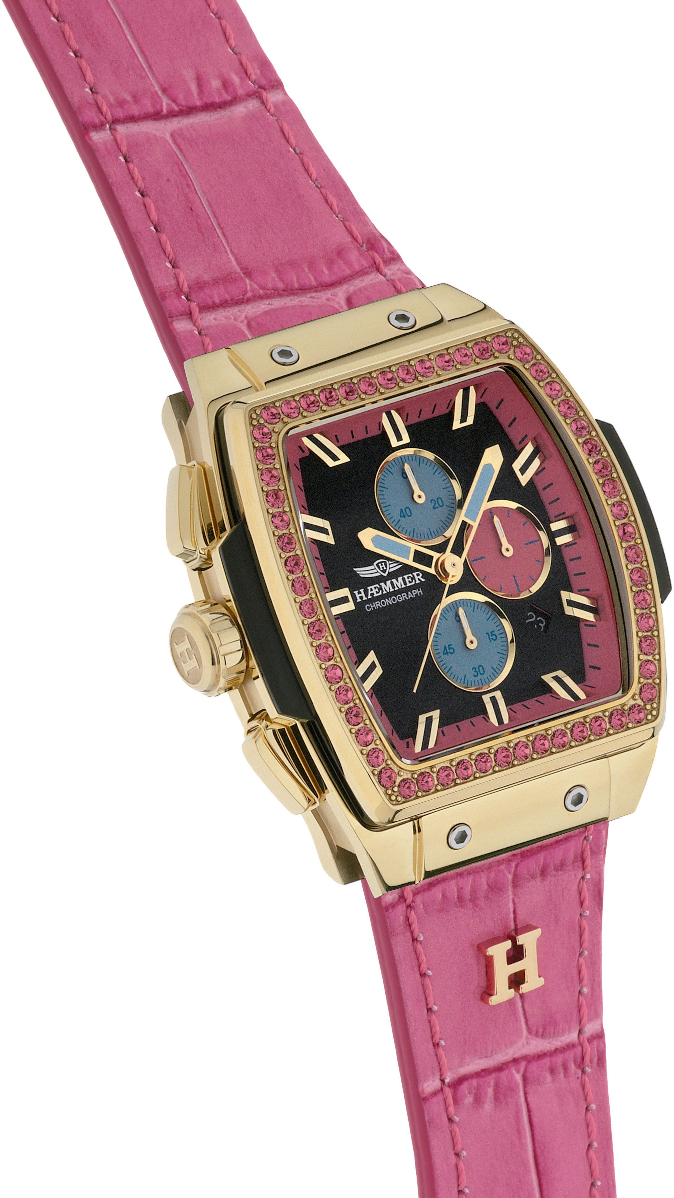 HAEMMER GERMANY Chronograaf TONNEAU Quartz horloge, polshorloge, dameshorloge, leren band, geschroefde kroon, datum