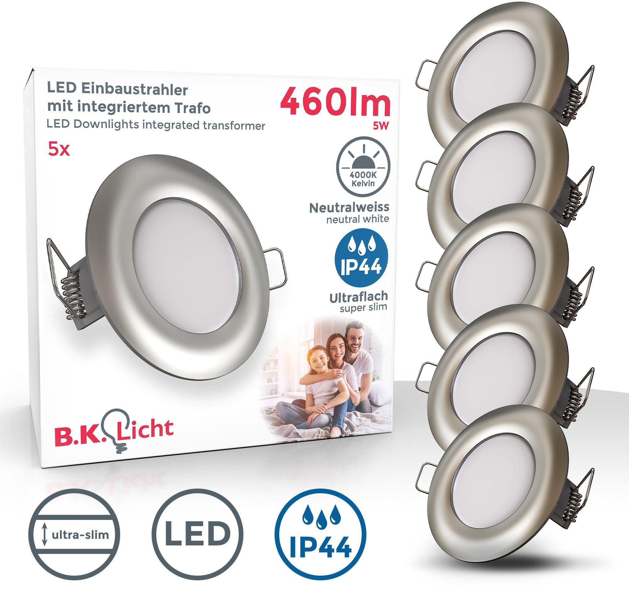 B.K.Licht Ledinbouwlamp 5er Set Bad Einbaustrahler, IP44 Spritzwassergeschützt, flache Spots