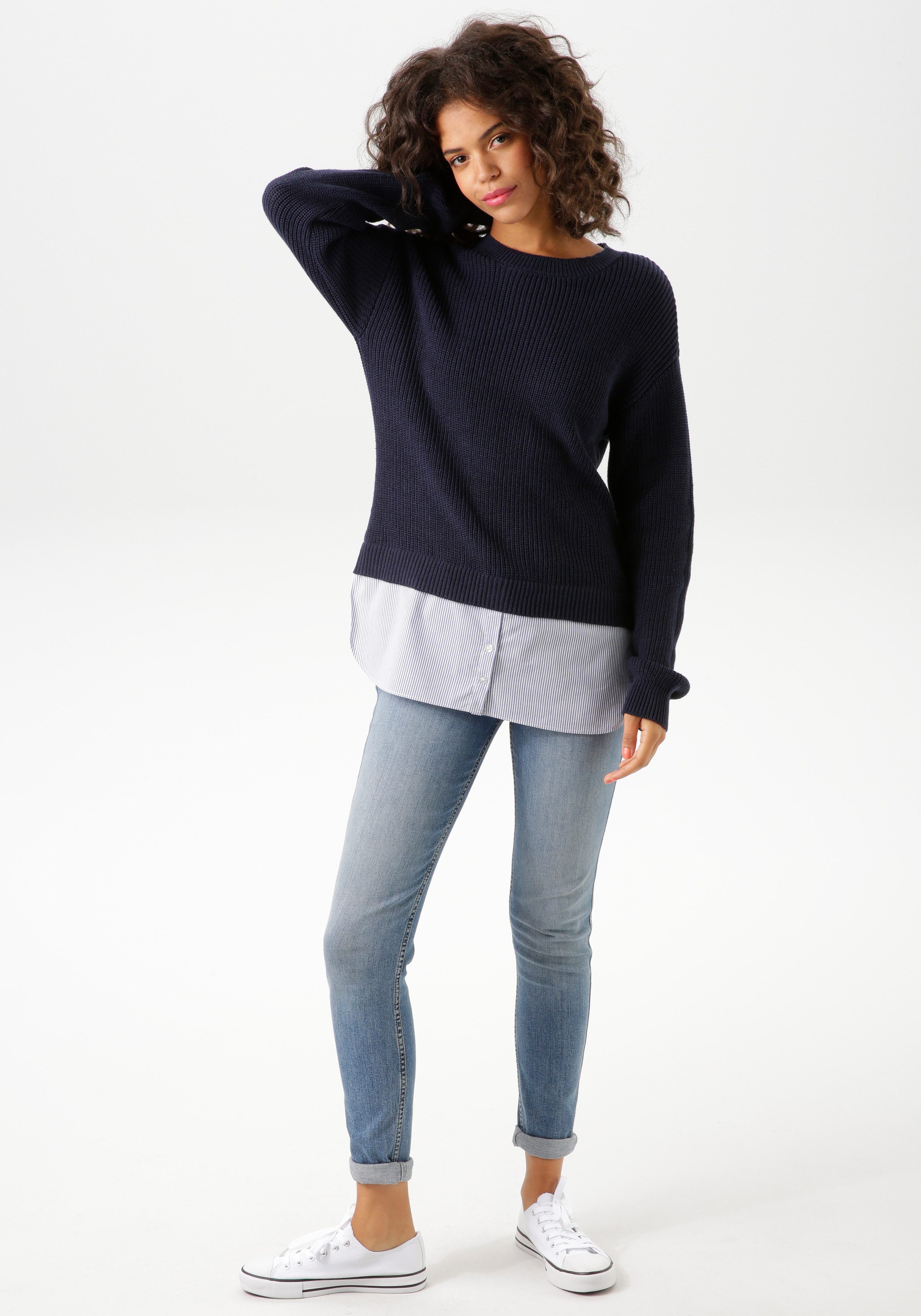 Aniston CASUAL Gebreide trui gestreepte blouse-inzet onderlangs