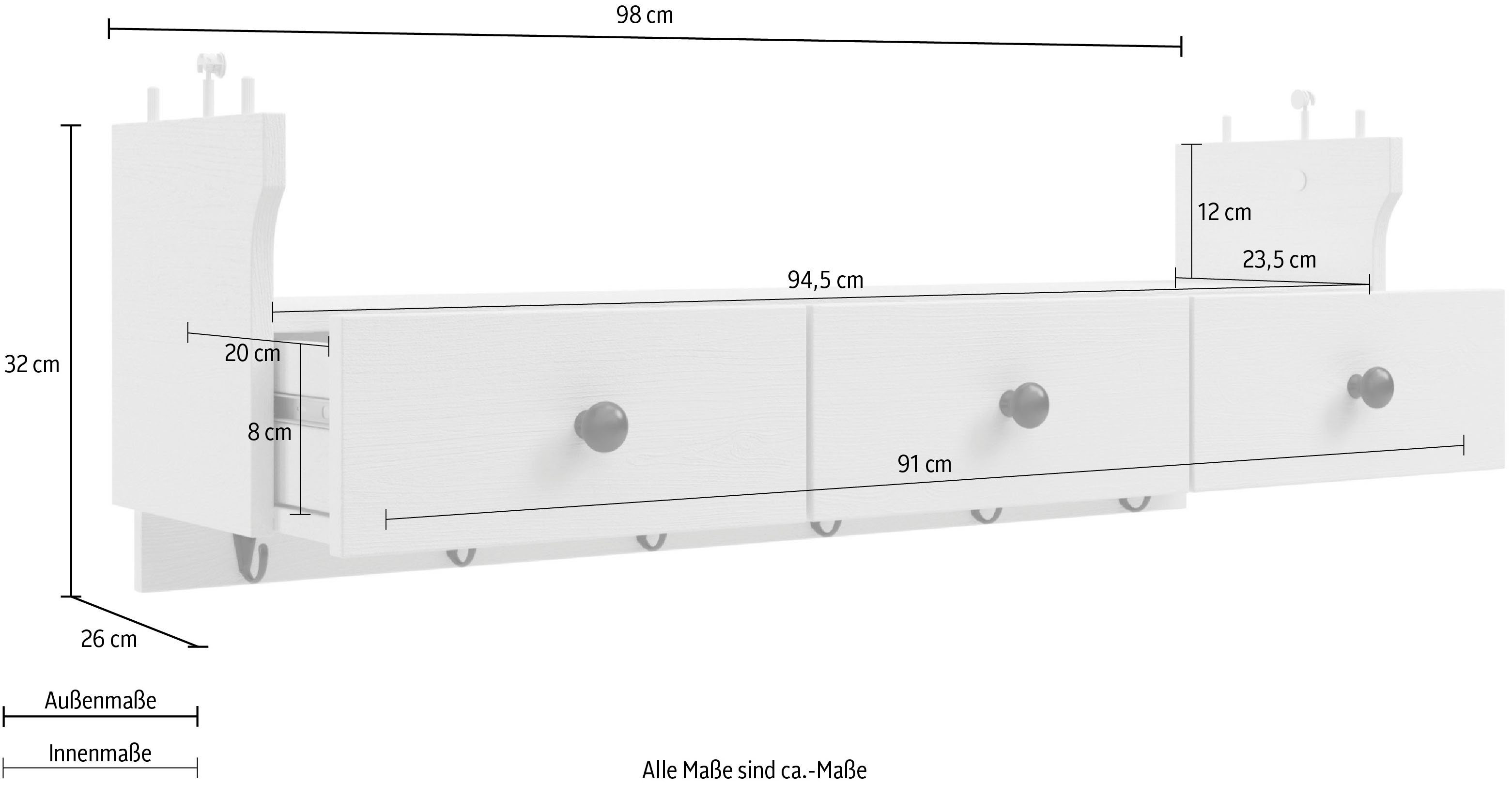 Kochstation Keukenrek KS-Osby Massief grenen, breedte 100 cm, 1 lade, 6 metalen haken (1 stuk)