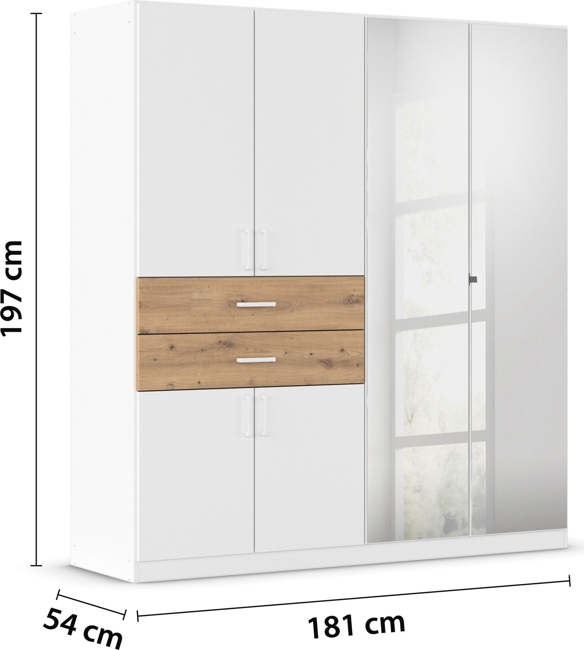 rauch Draaideurkast Maika met spiegel, 2 laden, in verschillende breedten, hoogten en kleuren
