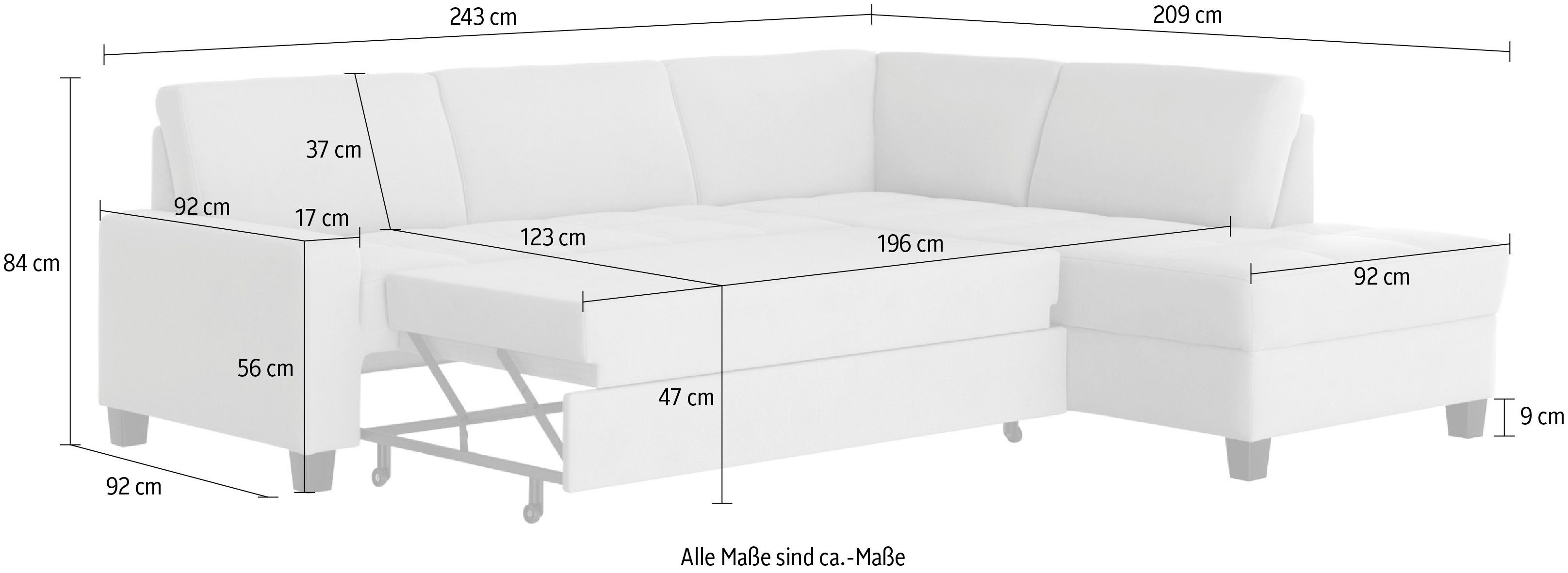 DOMO collection Hoekbank Florentina tijdloos en elegant, zitnaden als designelement, L-vorm keuze met slaapfunctie, met contrastnaad, comfortabele zithoogte 47 cm