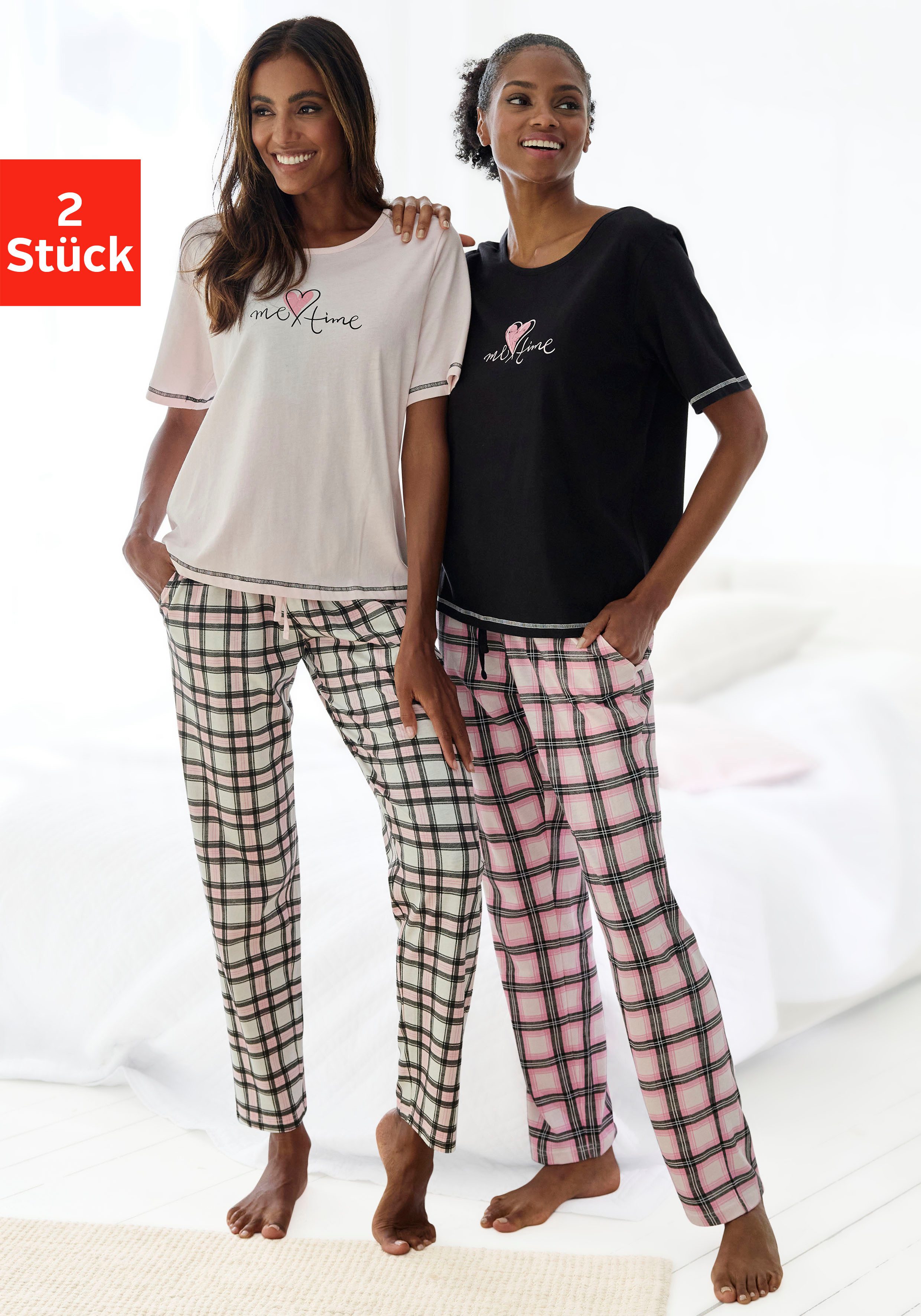 Vivance Dreams Pyjama in dubbelpack met ruitpatroon (4-delig, Set van 2) dames pyjama's maat 48/50 zwart