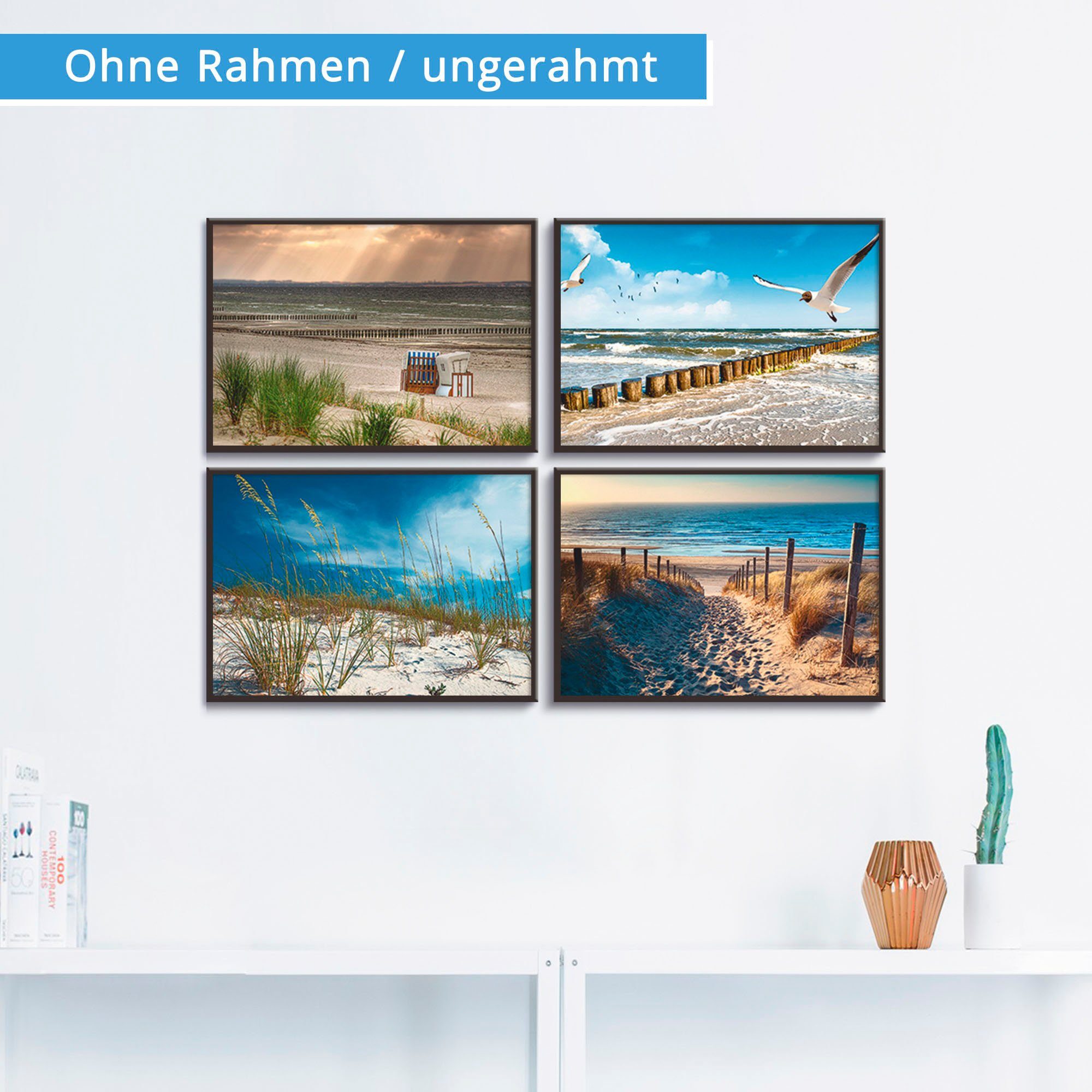Artland Poster Eenzaam strand Oostzee zandduinen grassen (4 stuks)