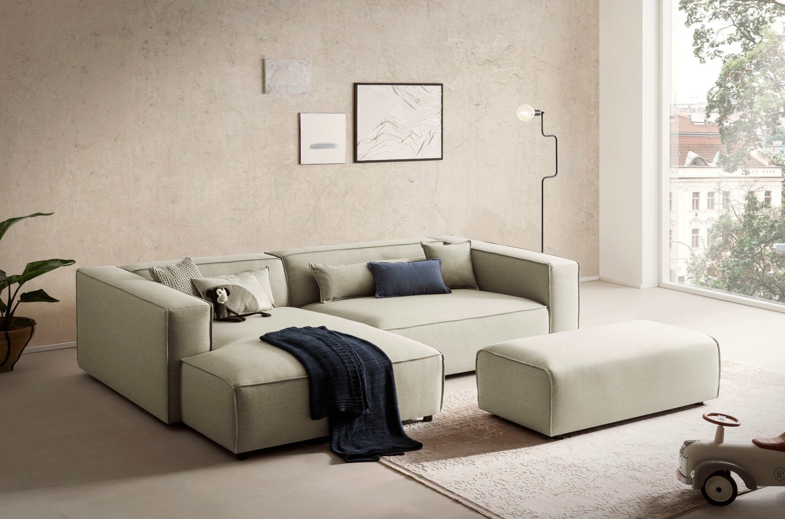 LeGer Home by Lena Gercke Hoekbank PIARA XXL, L-vorm met slaapfunctie, Big-sofa in cord of linnenlook Hocker verstelbaar tot slaapbank (krokodillenverbinder), diepe zitting