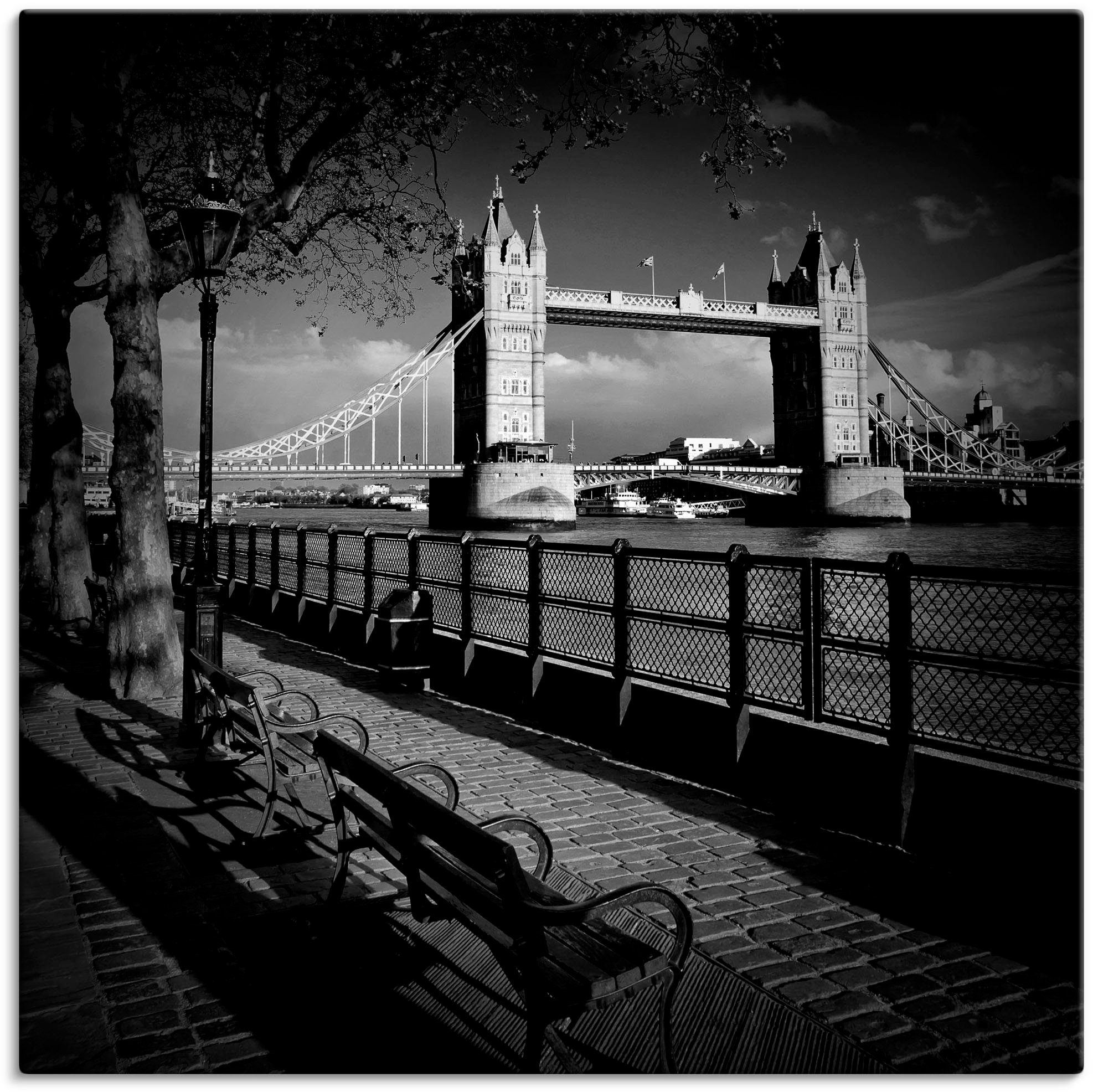 Artland Artprint Londen Aan de oever van de Theems als artprint op linnen, poster in verschillende formaten maten foto schilderijen zwart