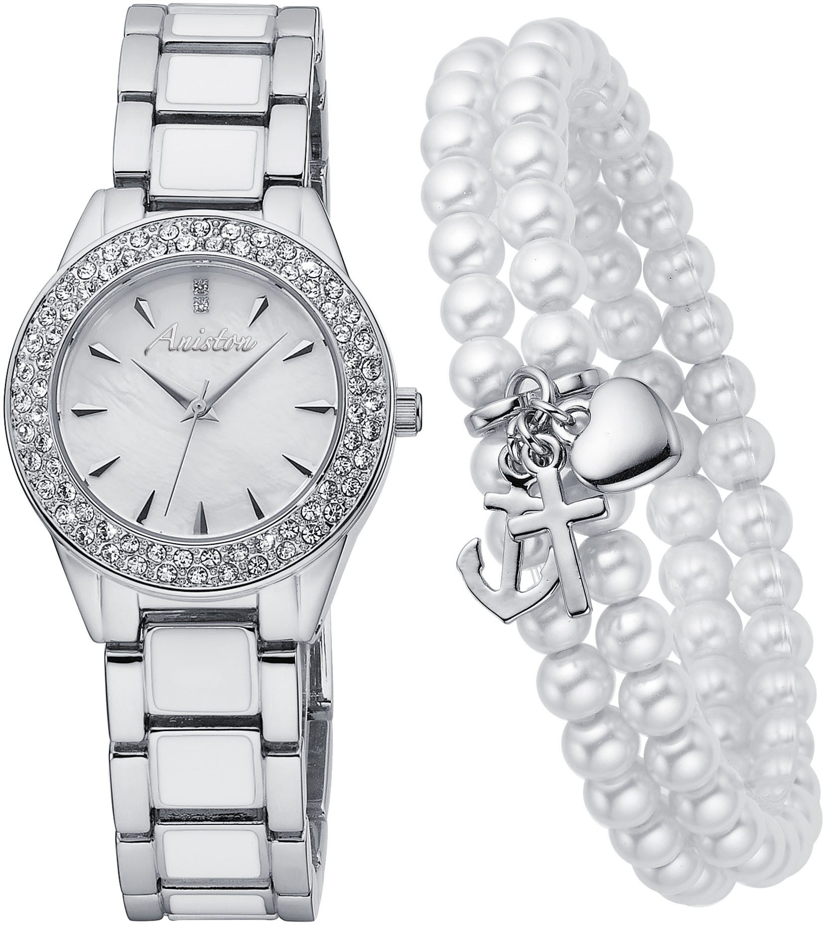 Aniston JEWELRY & WATCHES Kwartshorloge Horloge, dameshorloge, sieraadstenen, nieuwe collectie (set, 2-delig,...