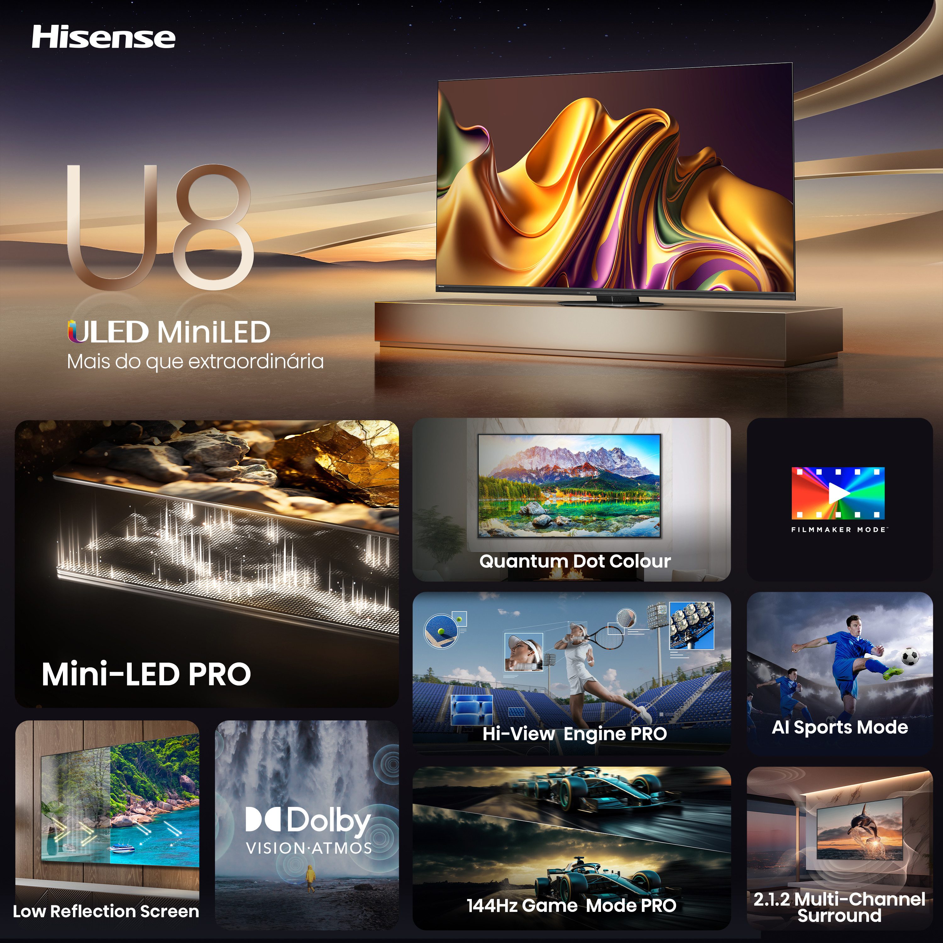 Hisense Mini-led-tv 65U8NQ, 164 cm / 65", 4K Ultra HD, Smart TV, 4k uhd, uled, mini led