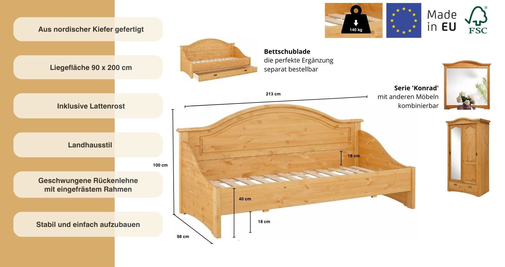 Home affaire Slaapbank Konrad van massief, fsc®-gecertificeerd grenen