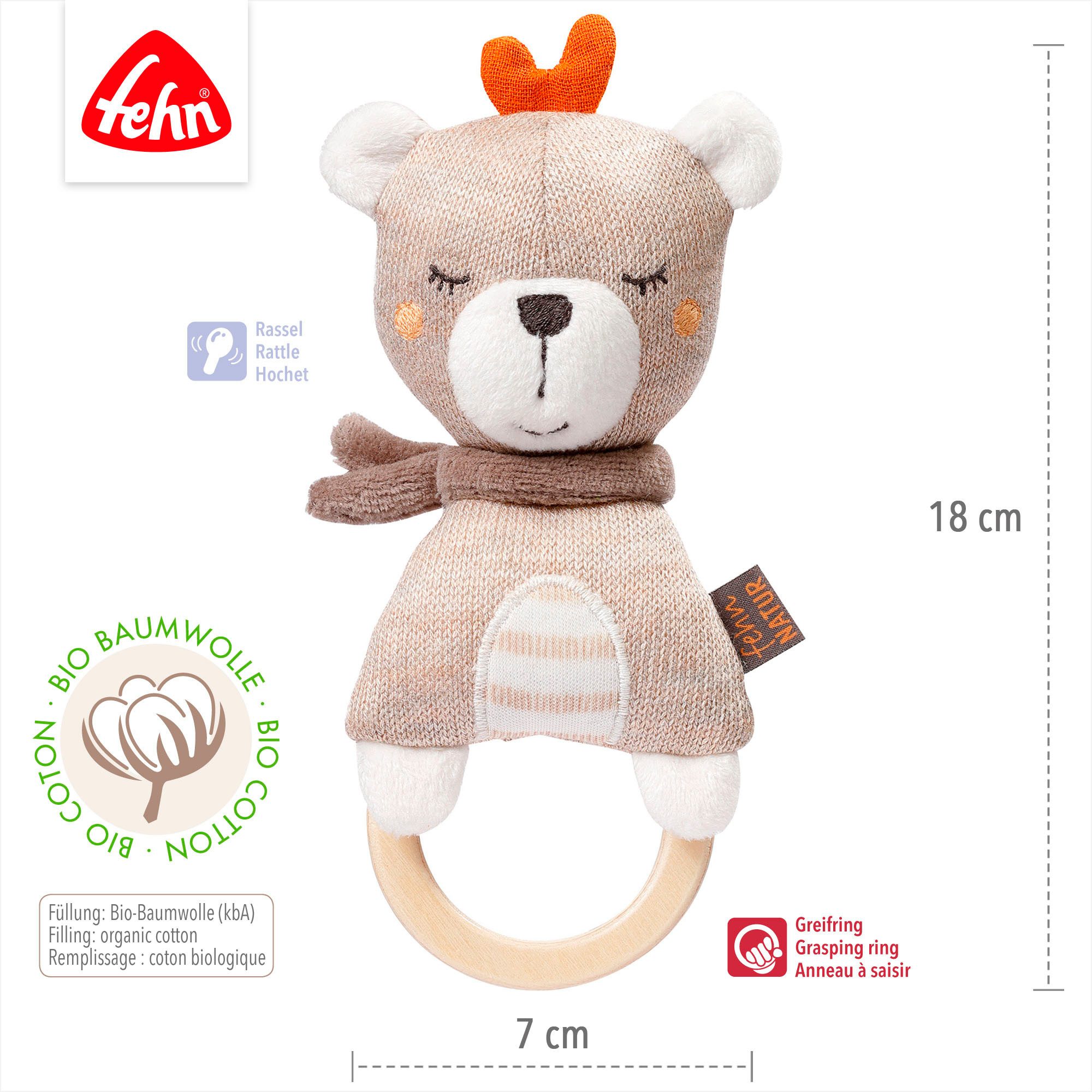 Fehn Grijpspeeltje FehnNATUR, houten grijpspeeltje teddy