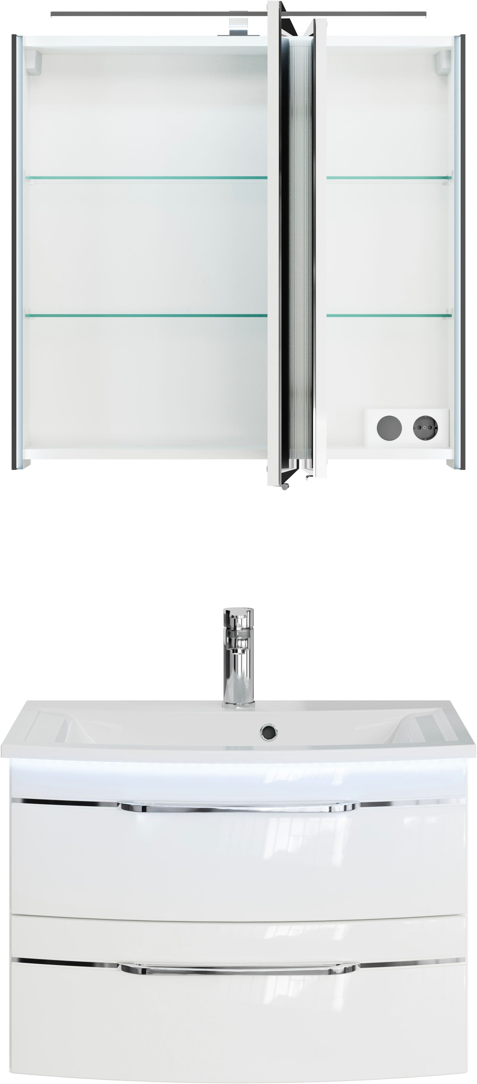 Saphir Badmeubelset Serie 7045 2-delig, mineraalmarmeren wastafel met led-spiegelkast (set, 2 stuks)