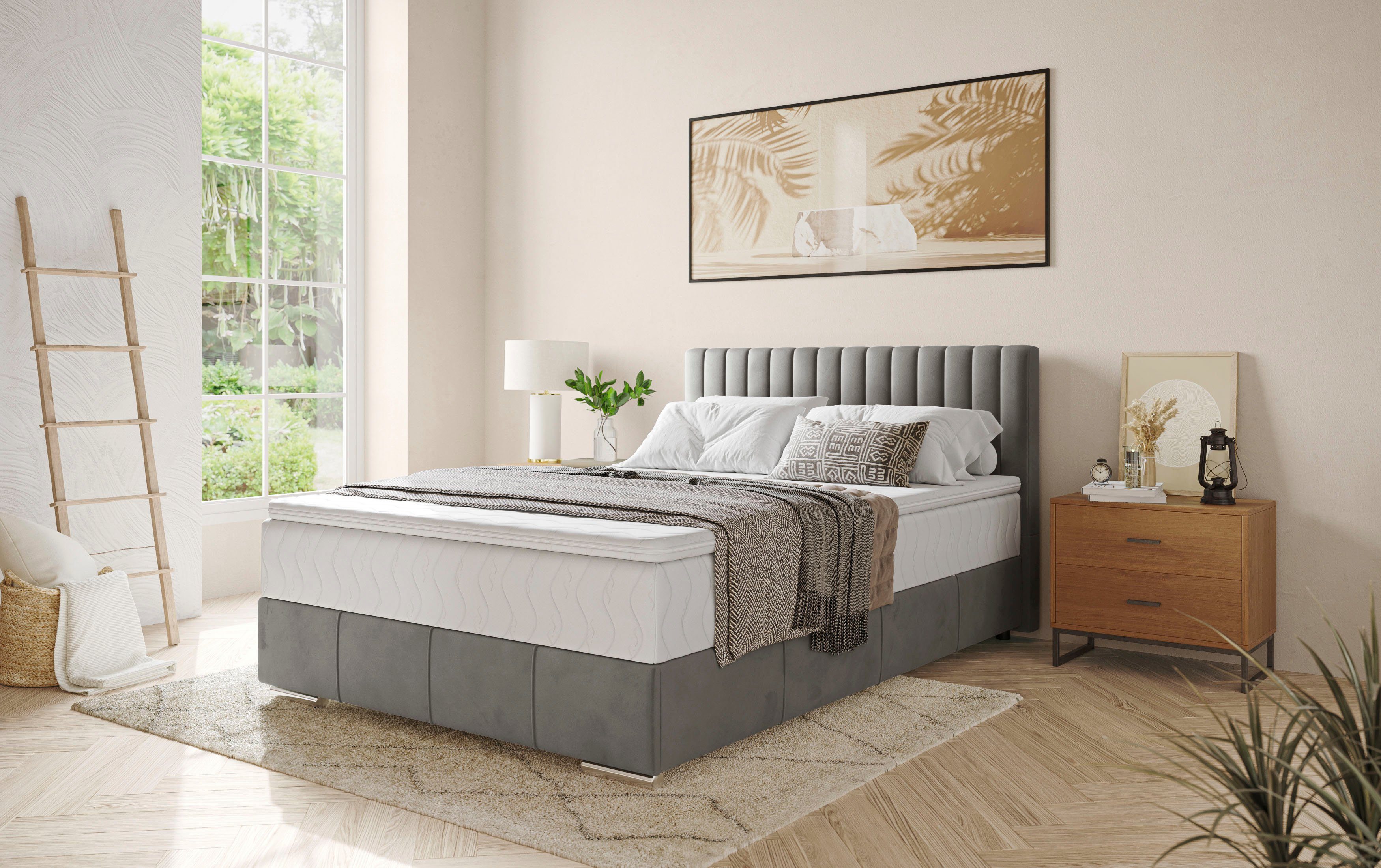 INOSIGN Boxspring Thor met bedbodem, incl. matras, topverkoper Topmatras en sierkussen, in verschillende hardheden beschikbaar boxsprings grijs