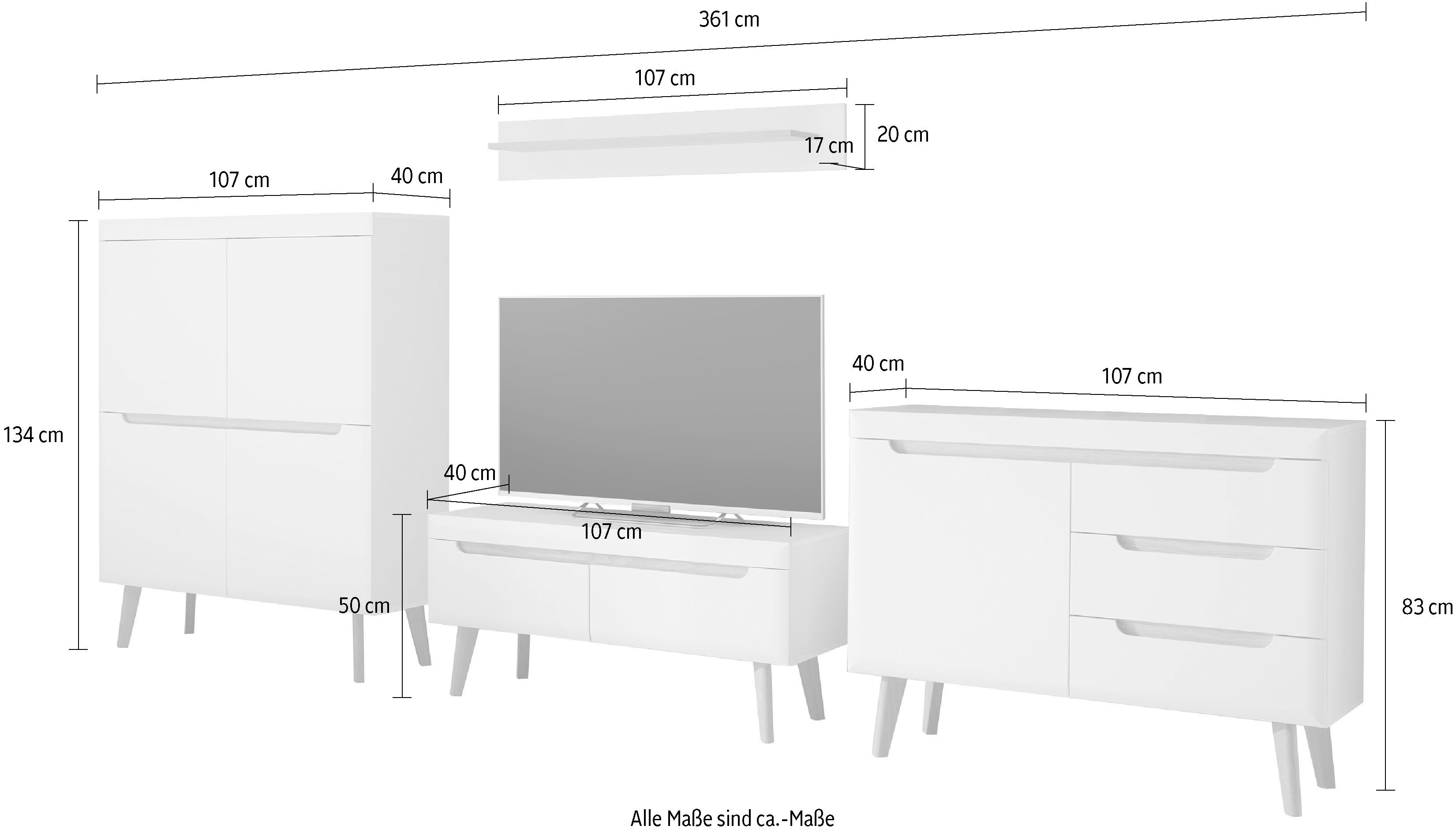 INOSIGN Wandmeubel Torge, wandmeubel, kastwand, mediawand, woonkamer-set bevat lowboard, sideboard, highboard + wandplank, 361 cm breed (4-delig)