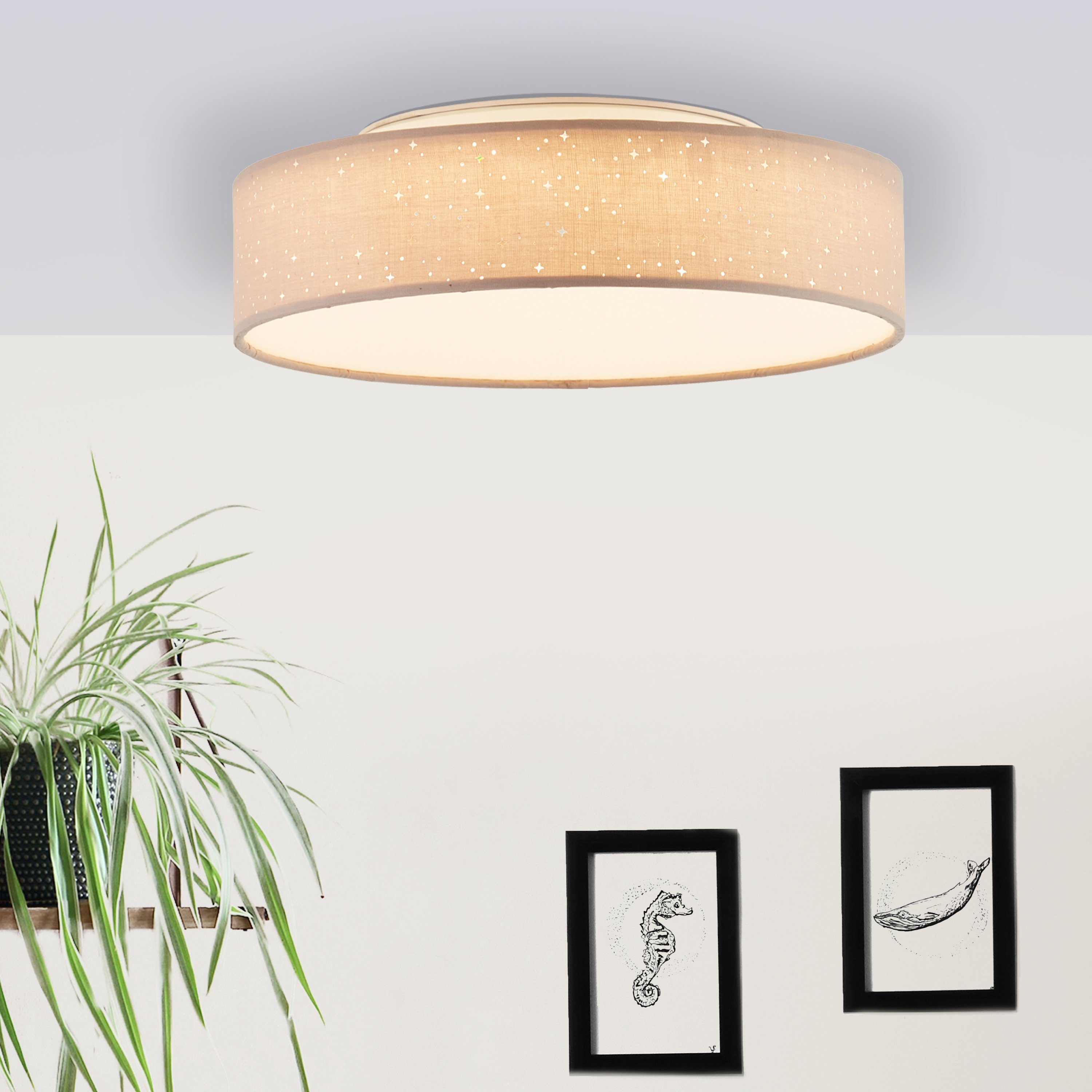 Brilliant Leuchten Plafondlamp Baska Ø 38 cm, stoffen kap sterrenhemel-look, 3-traps dimbaar (1 stuk)