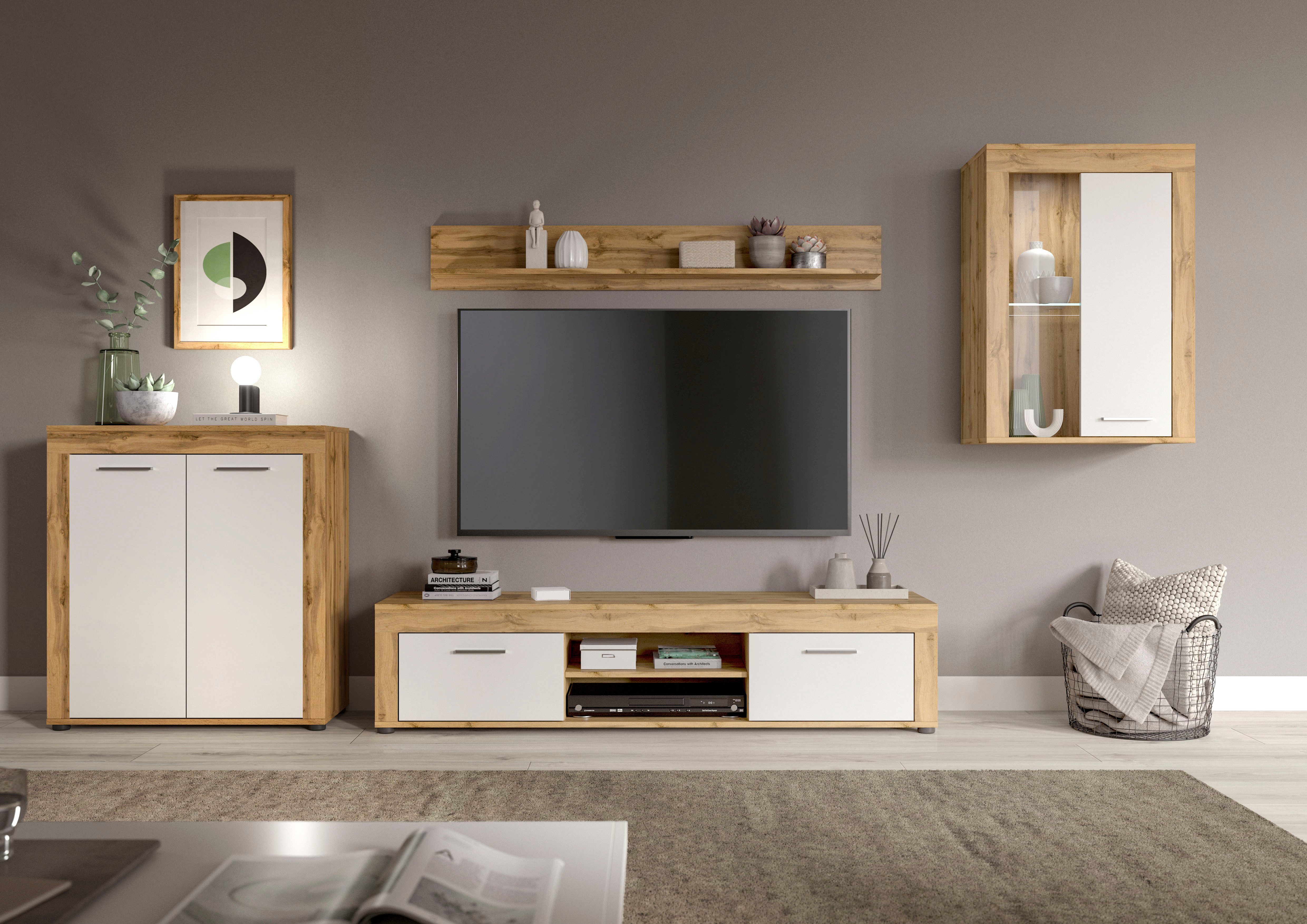 INOSIGN Wandmeubel Aosta, 4-delig, bestaande uit: highboard, lowboard, wandplank & vitrinekast (4-delig) tv-wandmeubels wit