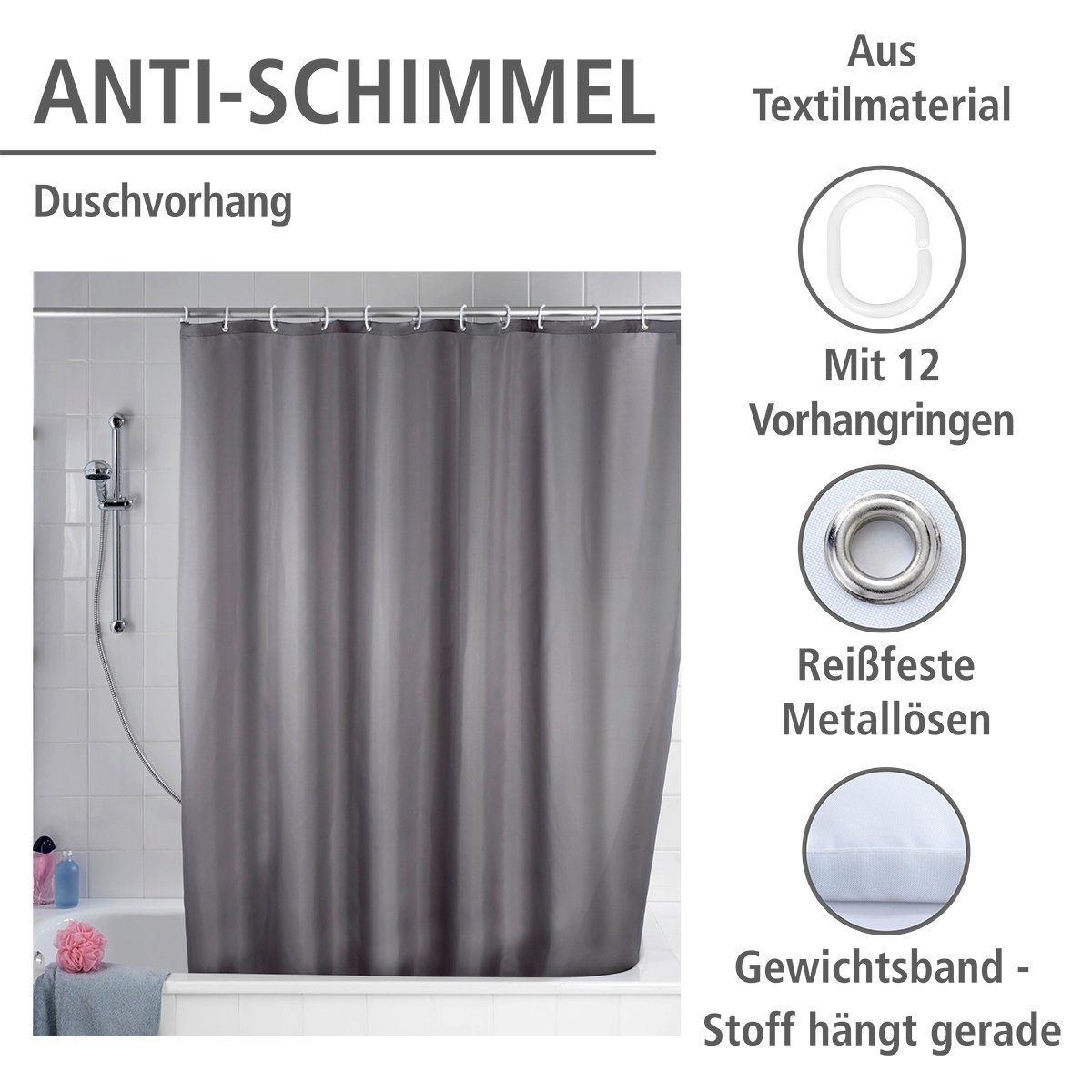 WENKO Douchegordijn Uni Grey Hoogte 200 cm, wasbaar