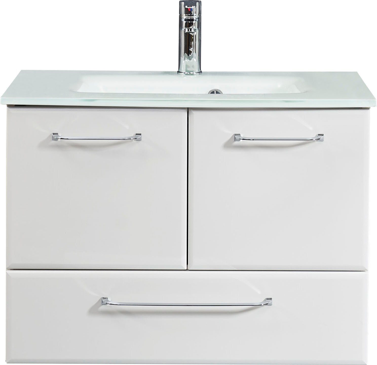 Saphir Wastafelonderkast Quickset glazen wastafel met onderkast, 74 cm breed, wastafel Grepen in glanzend chroom, inclusief deurdemper, 2 deuren, 1 lade