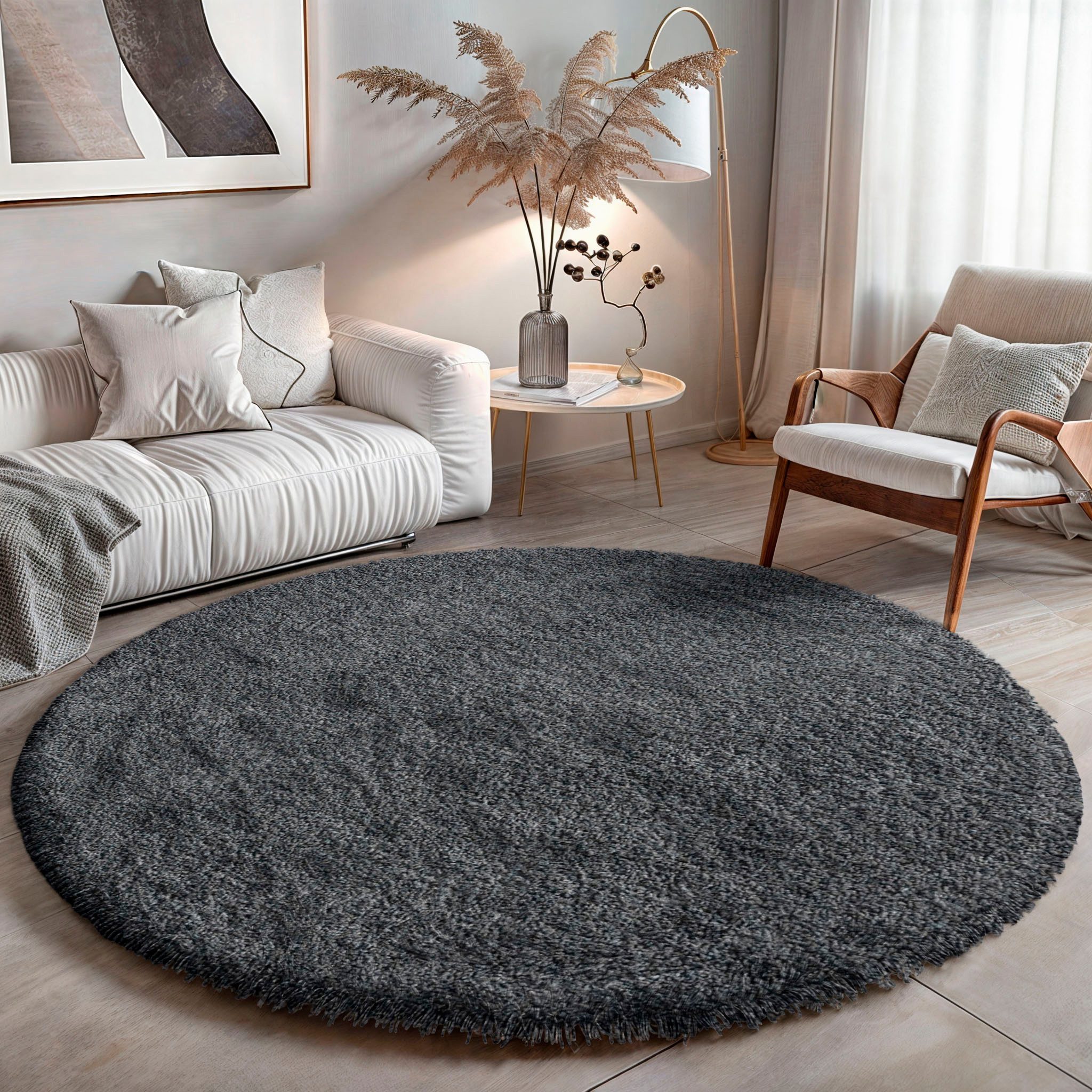 my home Hoogpolig vloerkleed Banji Uni-kleuren, zacht en fluffy, ook als rechthoekig verkrijgbaar moderne vloerkleden maat Ø 150 cm x 37 mm grijs