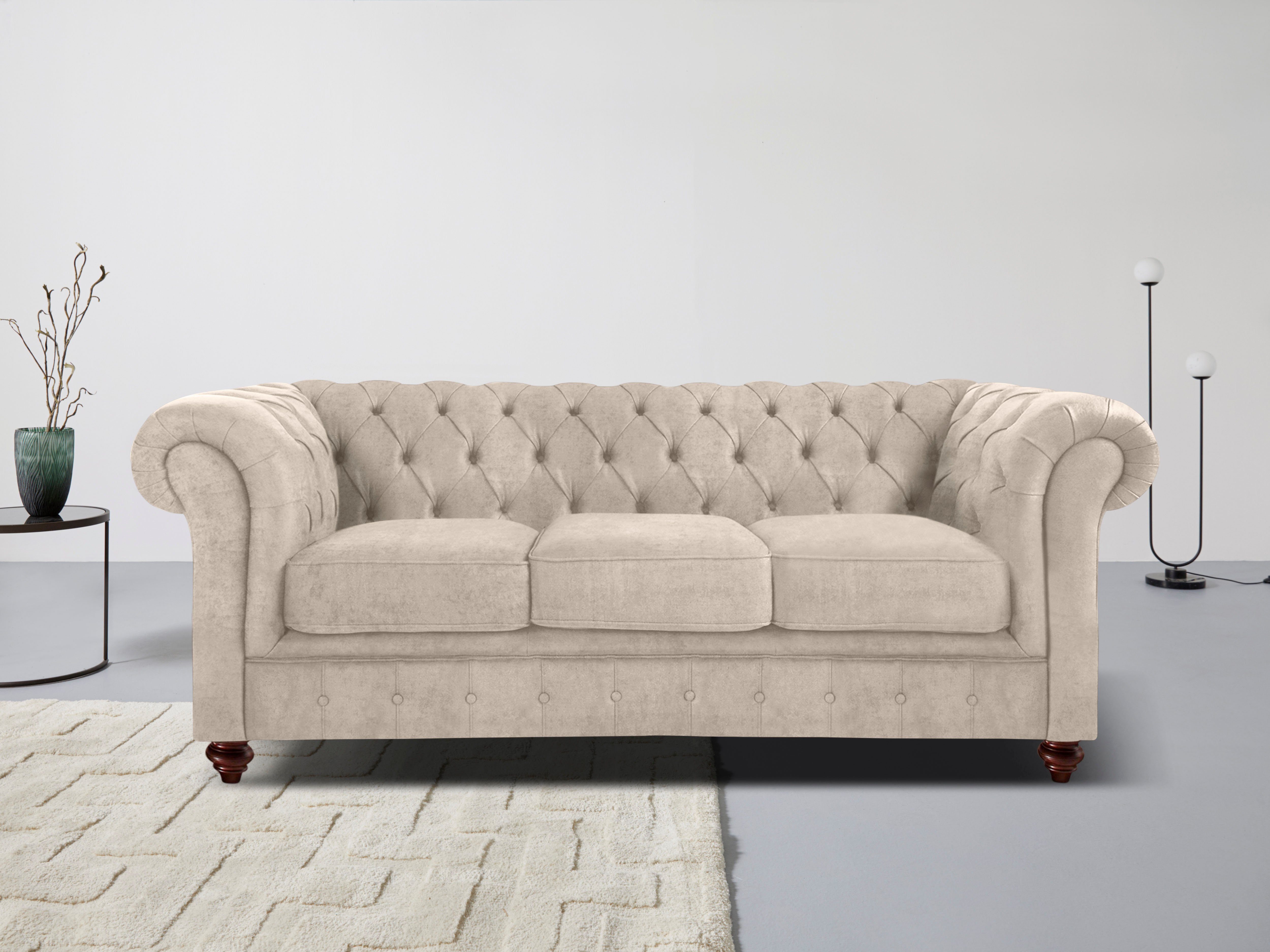 Home affaire Chesterfield-bank Chesterfield 3-zits B/D/H: 198/89/74 cm met hoogwaardige knoopdetails, ook in leer