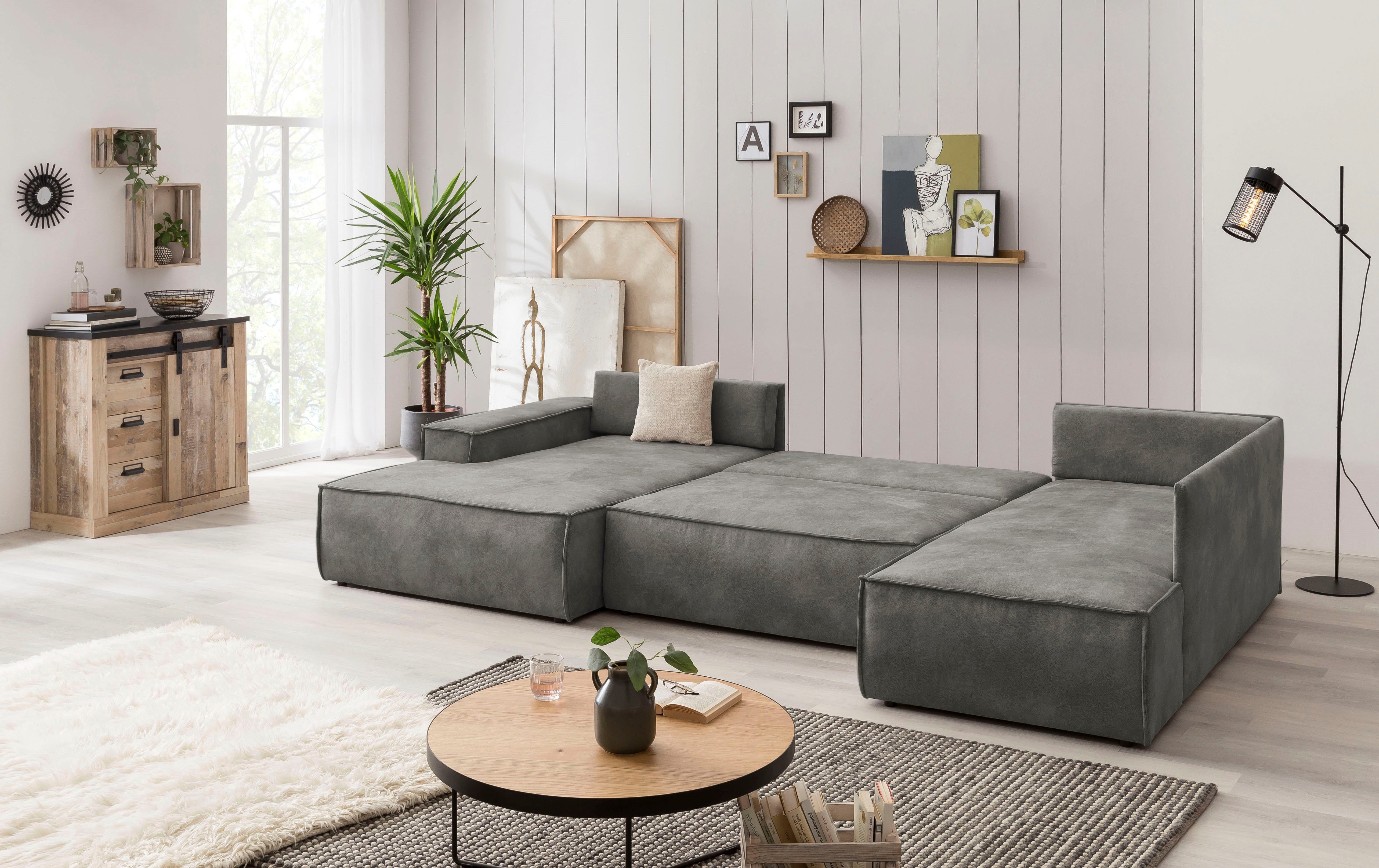 Home affaire Zithoek SHERWOOD 329 cm, U-vorm, slaapbank, Slaapfunctie met bedkist (194x139 cm), cord, vintage, fluweel