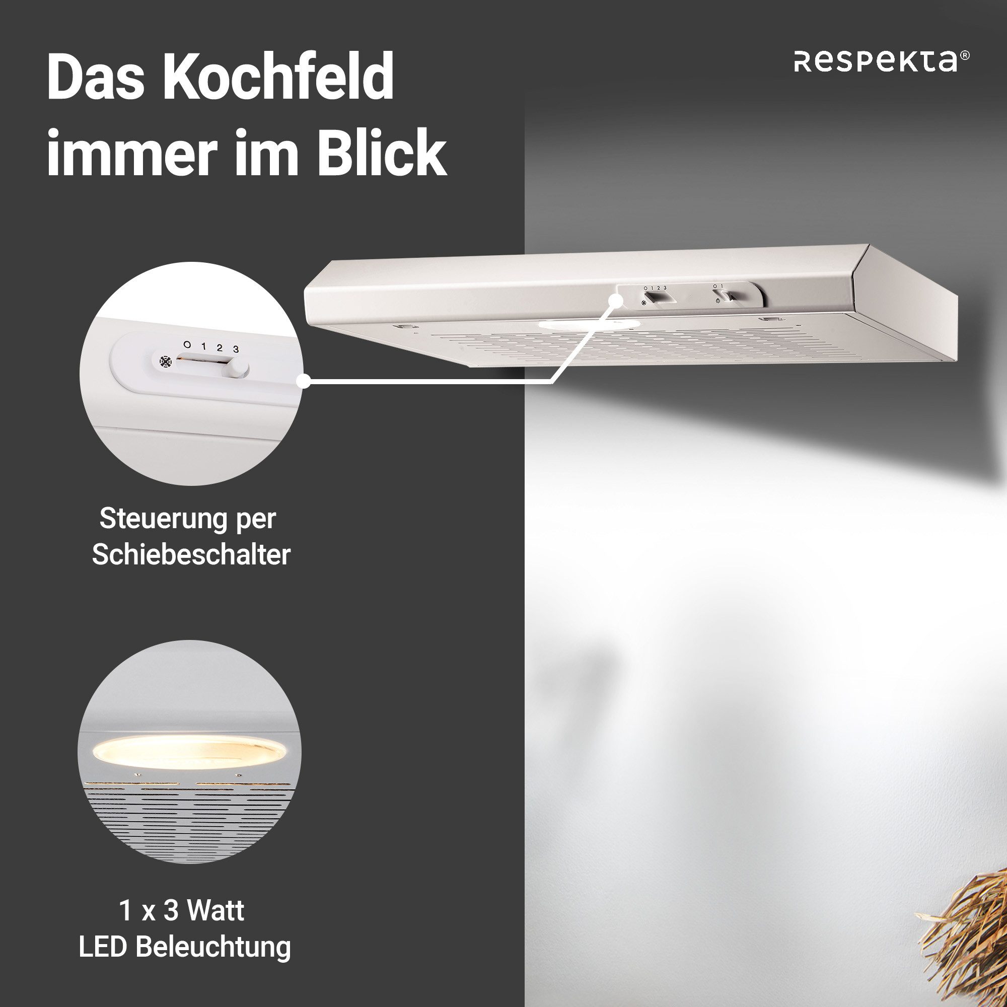 RESPEKTA Onderbouwkap DH 620 60 cm, 3 vermogensniveaus, led-verlichting, geschikt voor afzuiging en recirculatie