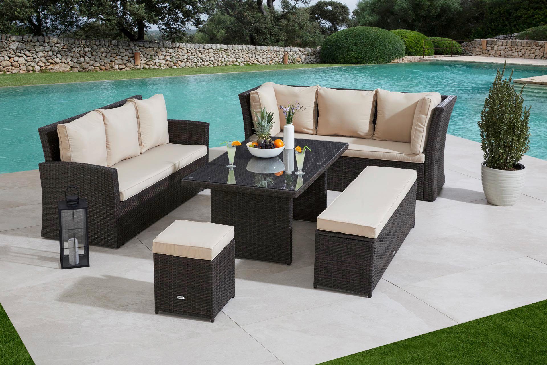 MERXX Tuinset Barcelona 2 banken, zitbank, hocker, tafel (5-delig)