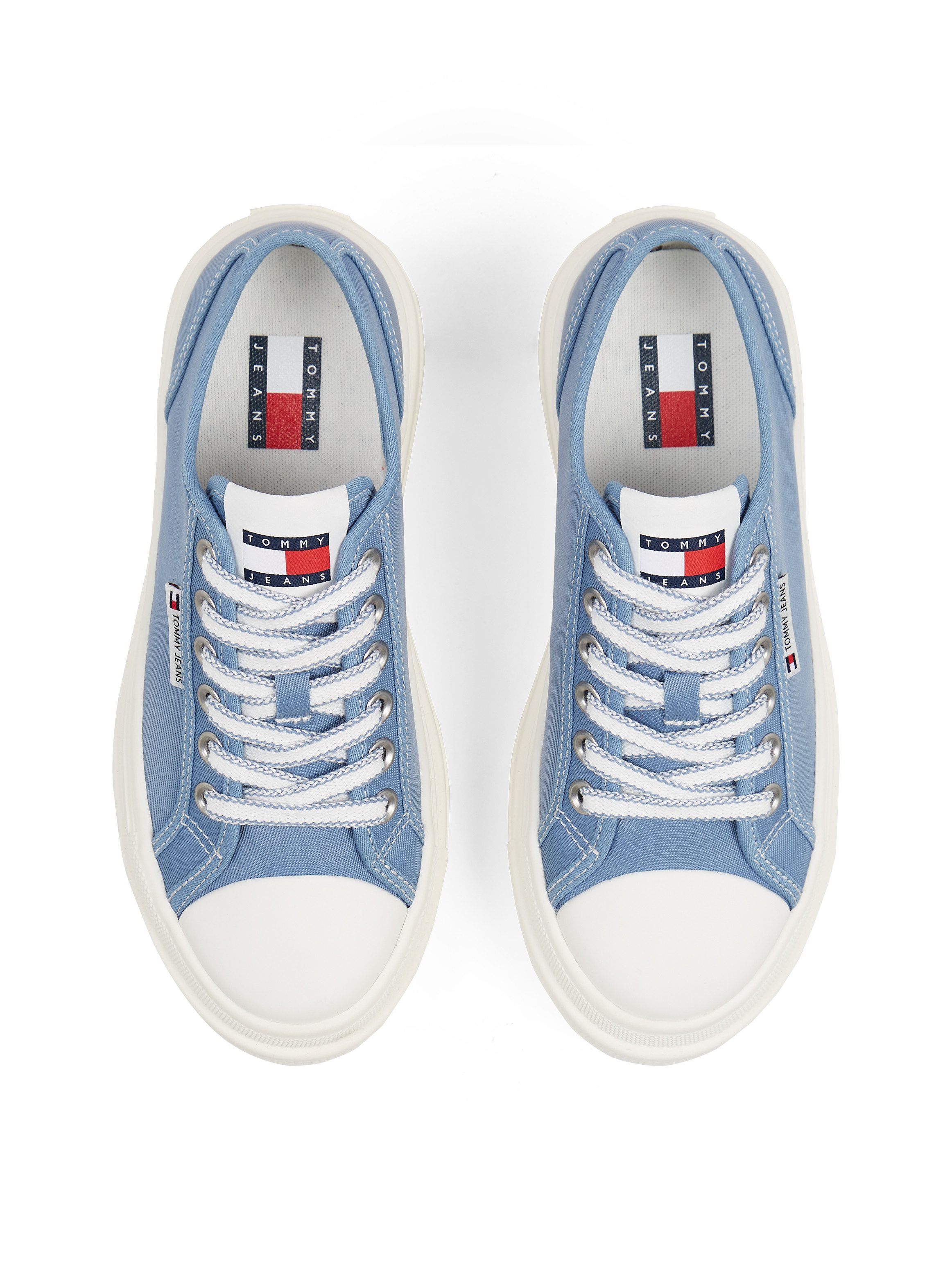 TOMMY JEANS Plateausneakers TJW FOXING FLATFORM SNEAKER LOW vrijetijdsschoen, lage schoen, veterschoen met trendy contraststiksels