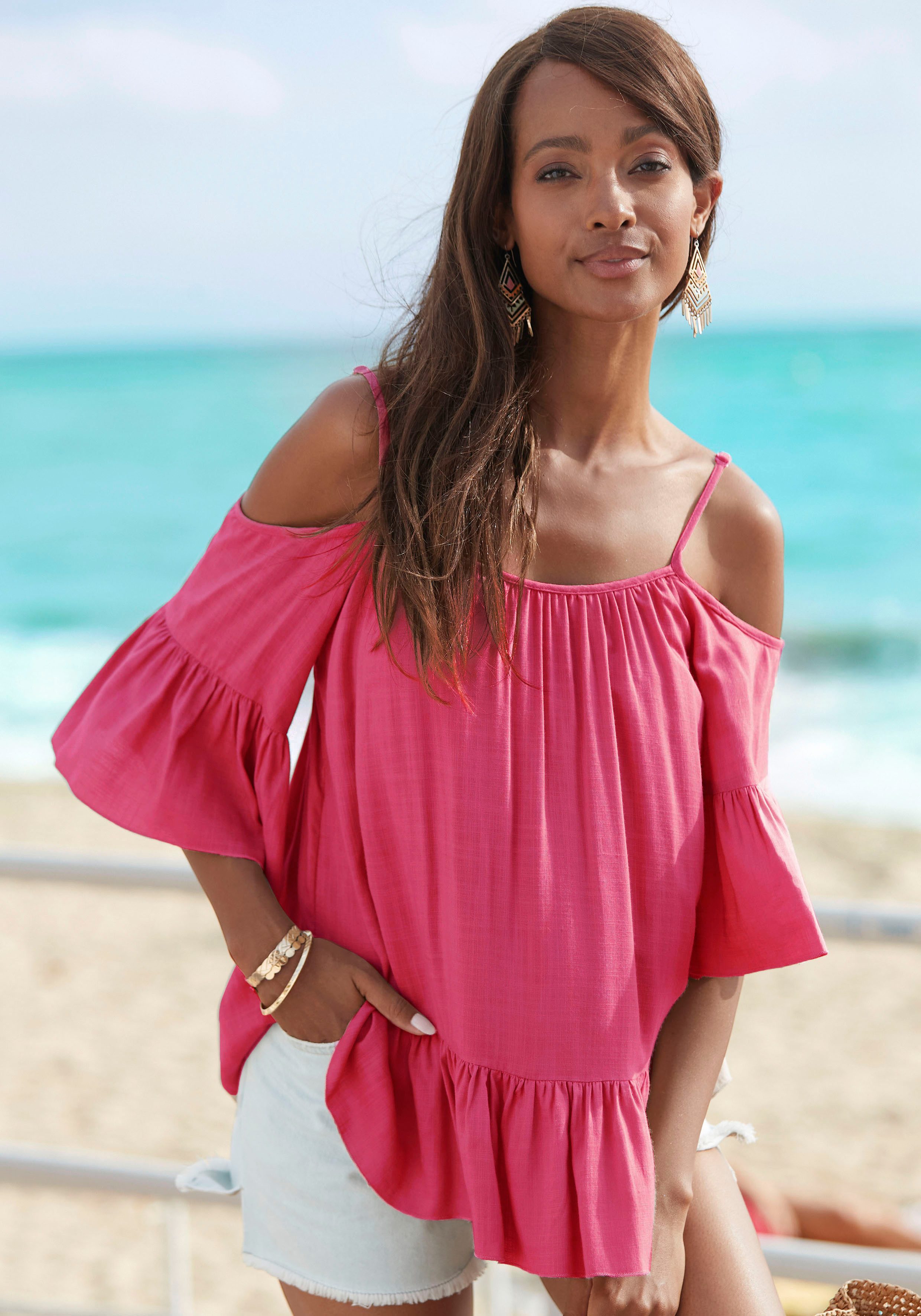 Buffalo Blouse zonder sluiting van geweven viscose, damesblouse met volants, korte mouw blouse