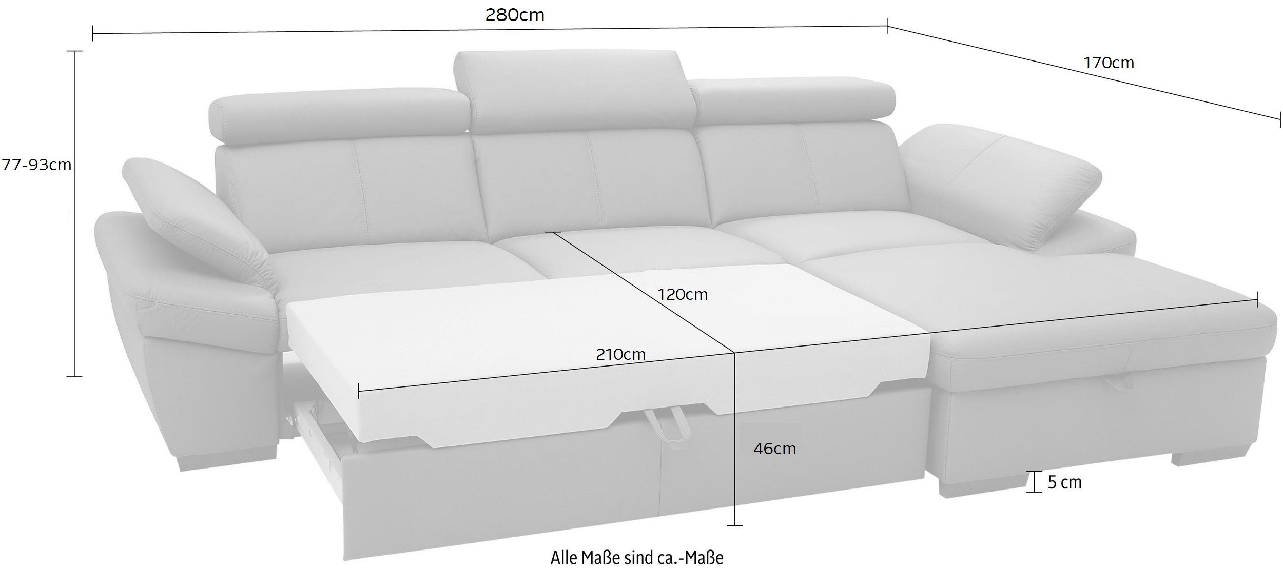 exxpo - sofa fashion Hoekbank Salerno, klassieke moderne functionele bank, hoog zitcomfort, L-vorm inclusief verstelbare hoofdsteun en armleuning, naar keuze met slaapfunctie